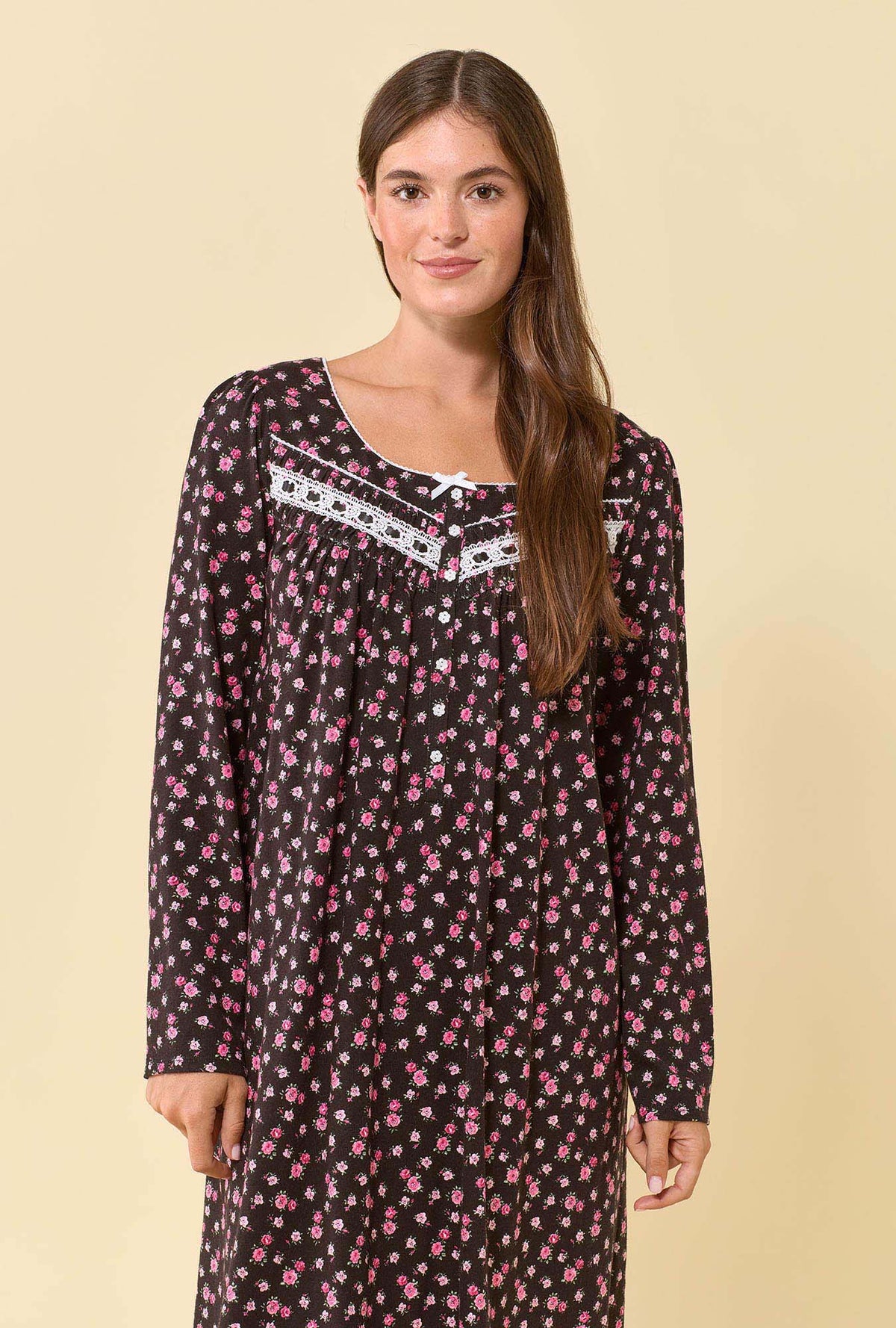 A lady wearing Night Garden 100% Cotton Jersey Knit Long Sleeve Chemise