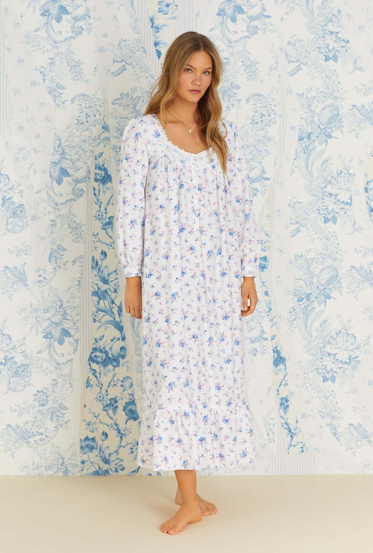 Rose and Berry Floral Rayon Cotton Flannel Long Nightgown