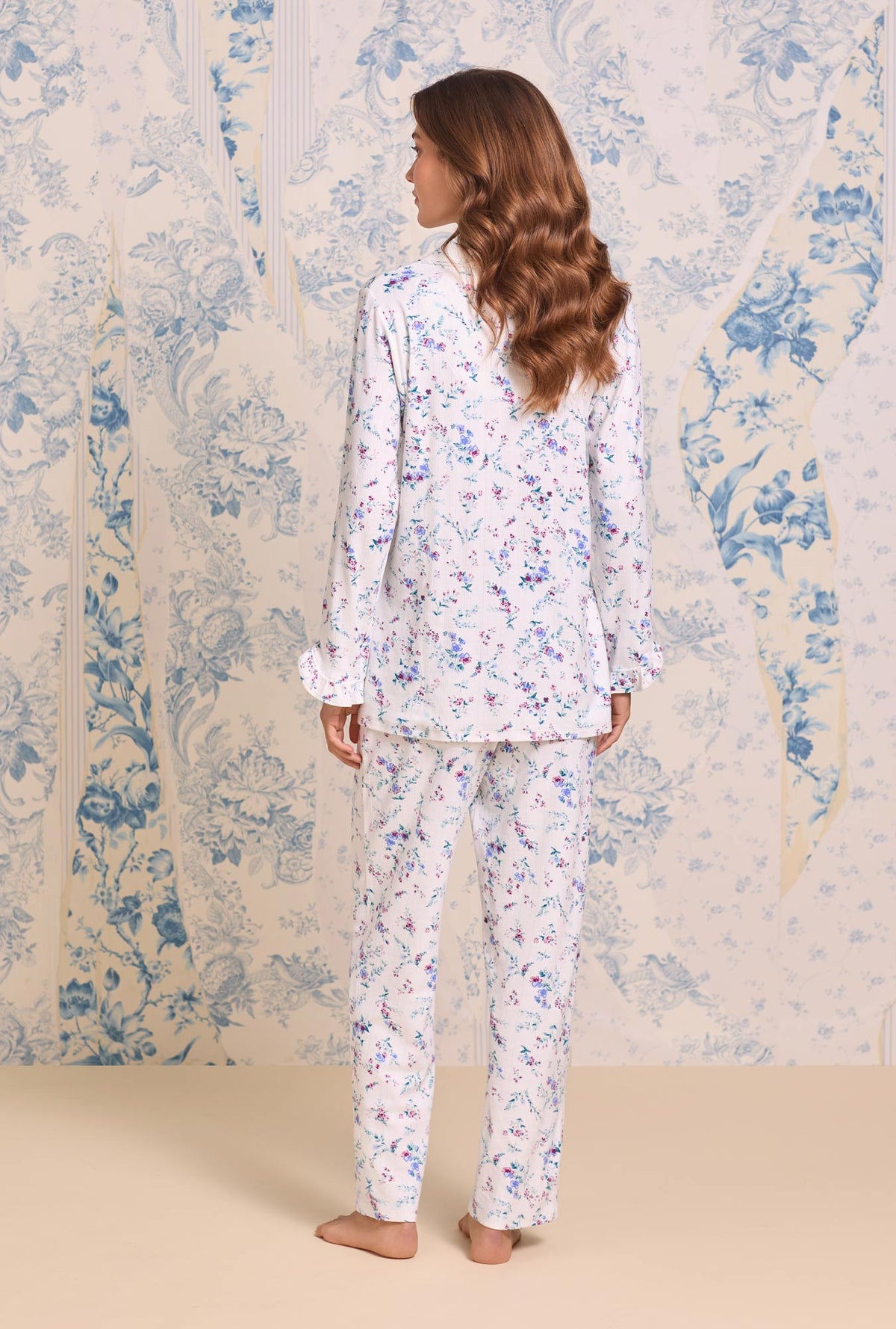 a lady wearing Cottage Flora Cotton Pointelle Pajama 
