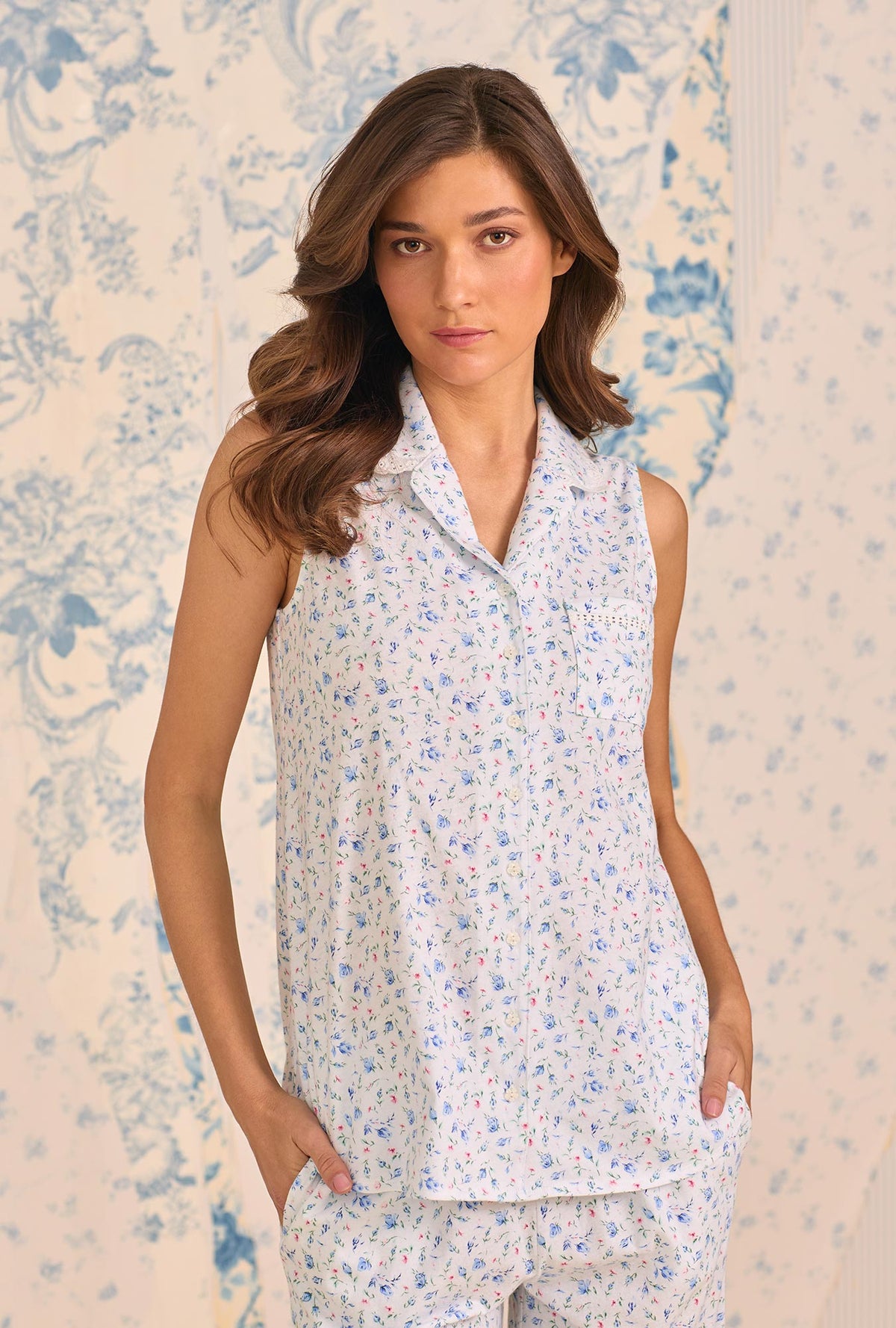 A lady wearing Catalina Rosebud Cotton Knit Capri Pajama closer look