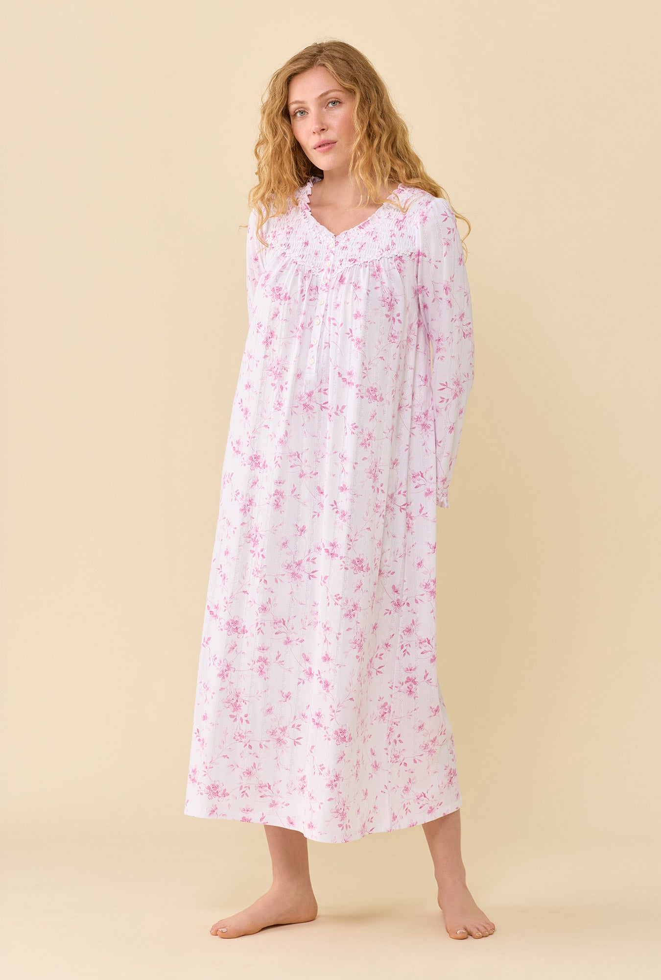 A lady wearing Sweet Pea Cotton Modal Pointelle Knit Long Sleeve Ballet Nightgown looking front