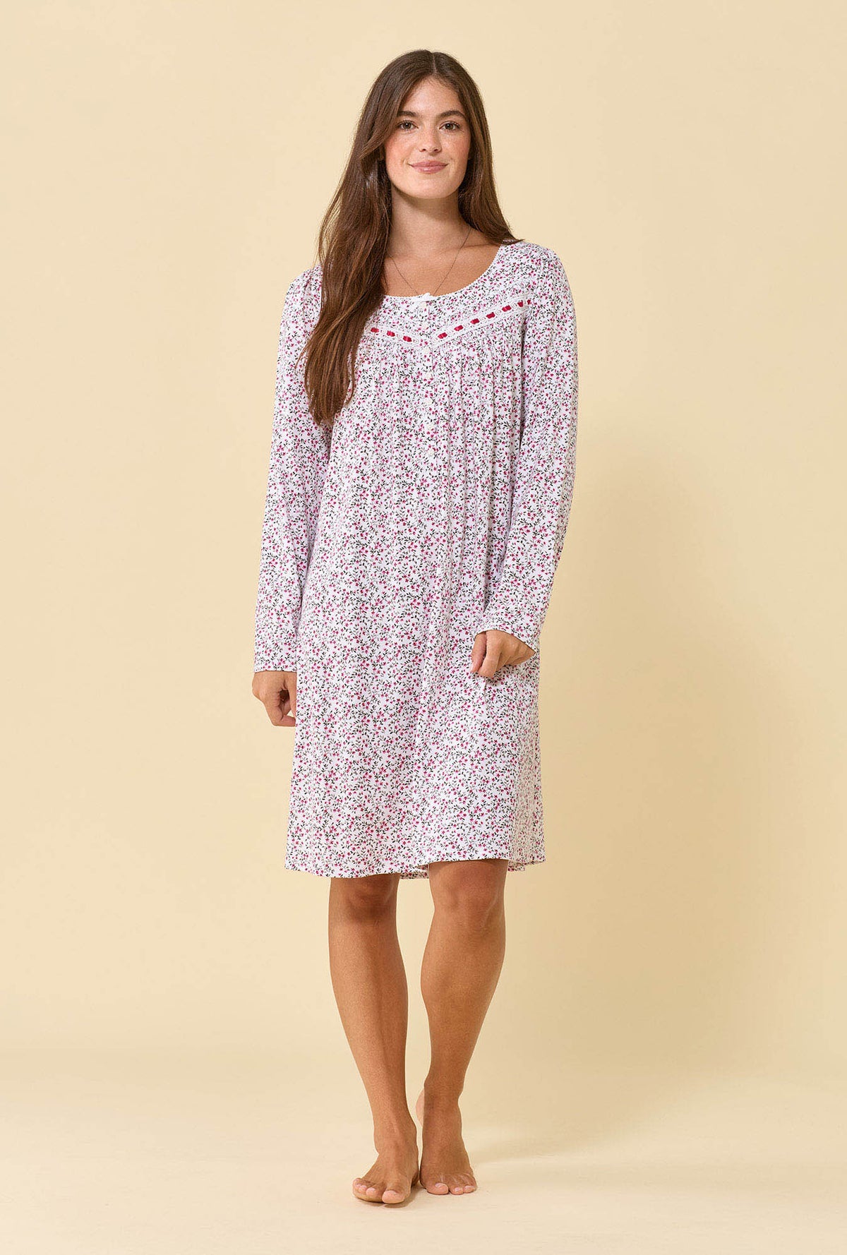 A lady wearing Berry Vine 100% Cotton Jersey Knit Long Sleeve Chemise