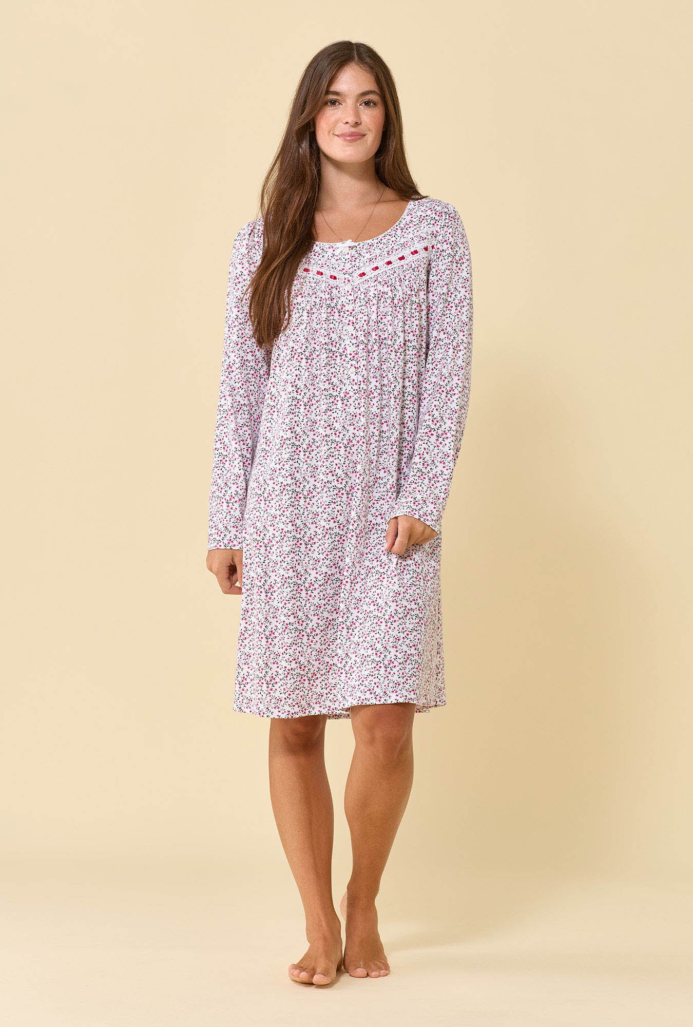A lady wearing Berry Vine 100% Cotton Jersey Knit Long Sleeve Chemise