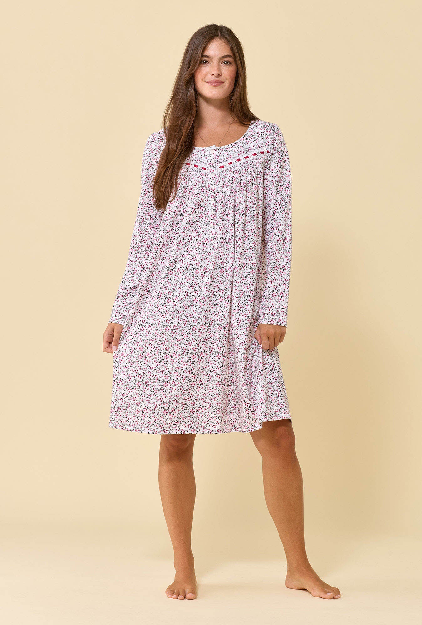 A lady wearing Berry Vine 100% Cotton Jersey Knit Long Sleeve Chemise