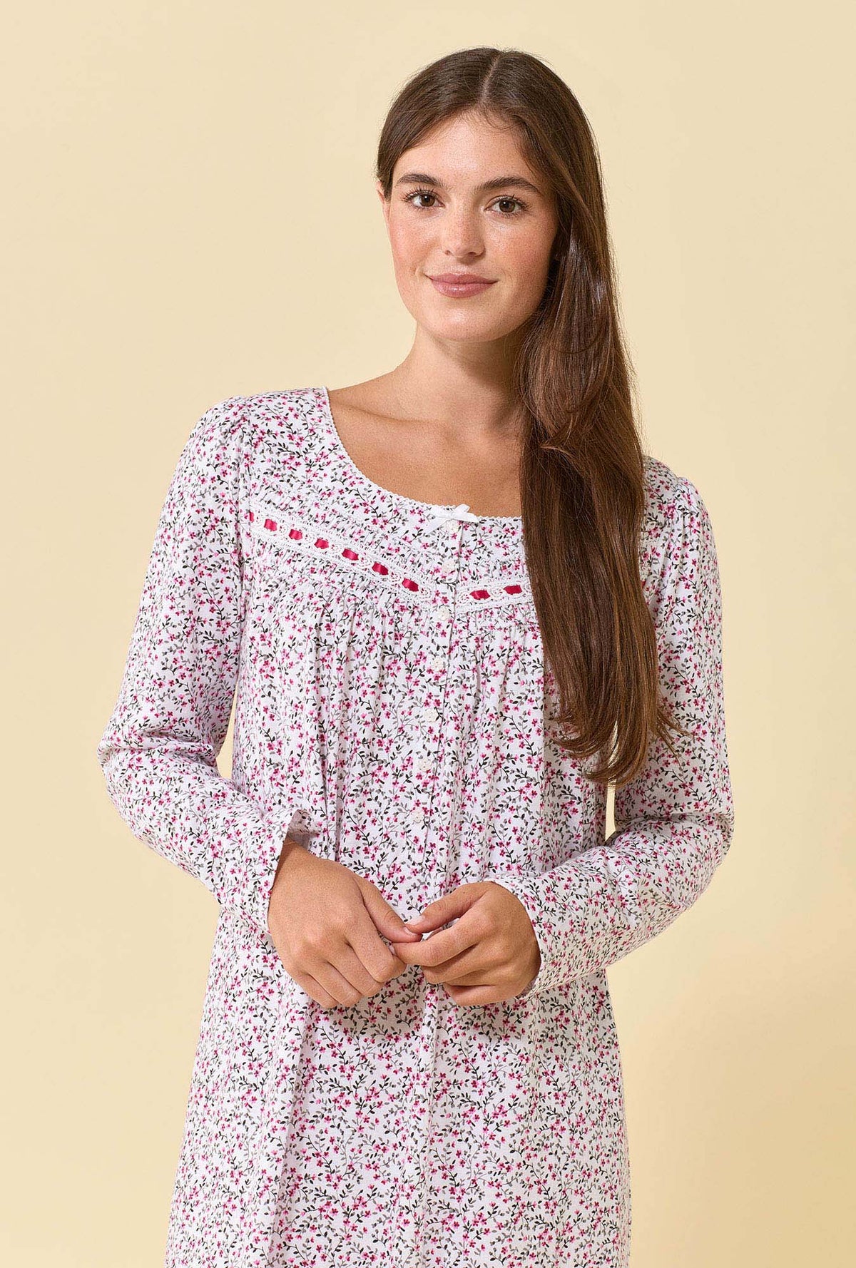 A lady wearing Berry Vine 100% Cotton Jersey Knit Long Sleeve Chemise