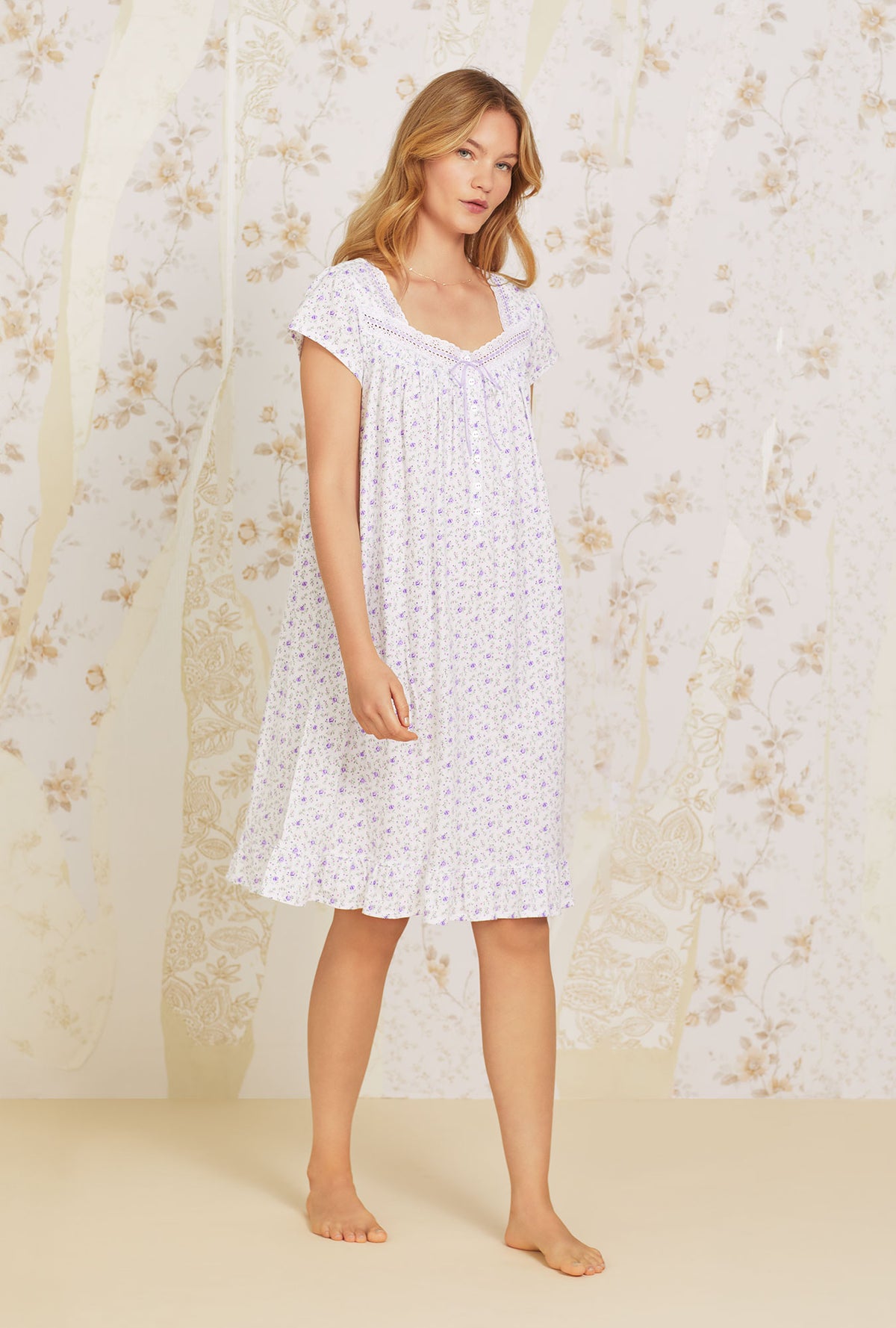 A lady wearing white short sleeve  Cotton Knit Nightgown with Lavender Garden  print