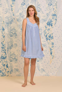 A lady wearing Iconic Blue Stripe Cotton Dobby Yarndye Chemise