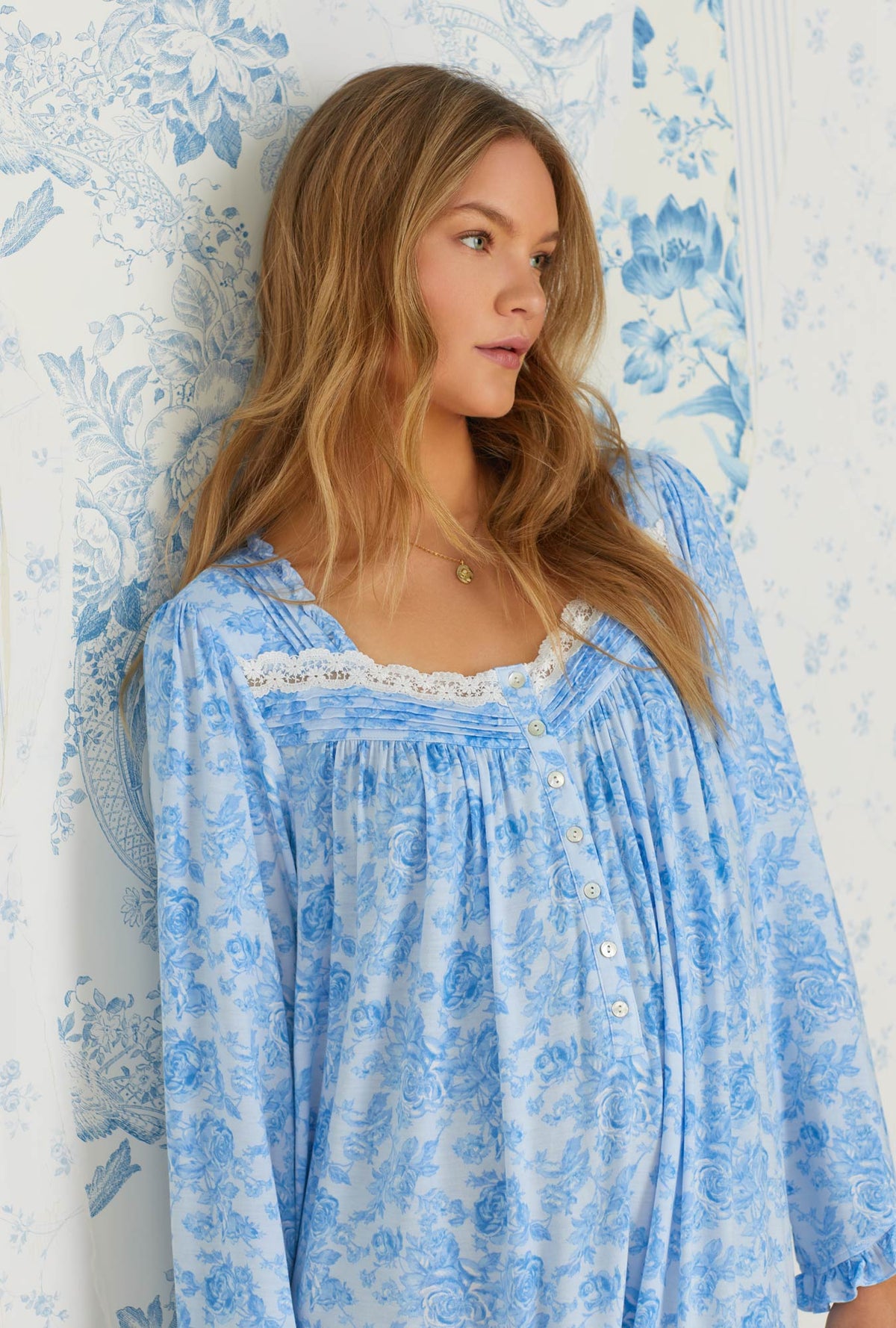 Tencel™ Blue Denim Roses Knit Long Sleeve Waltz Nightgown