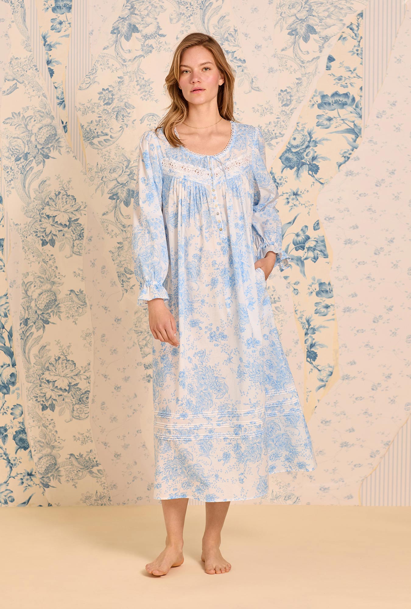A lady wearing Chateau Bloom Long Sleeve Cotton Lawn Ballet Nightgown