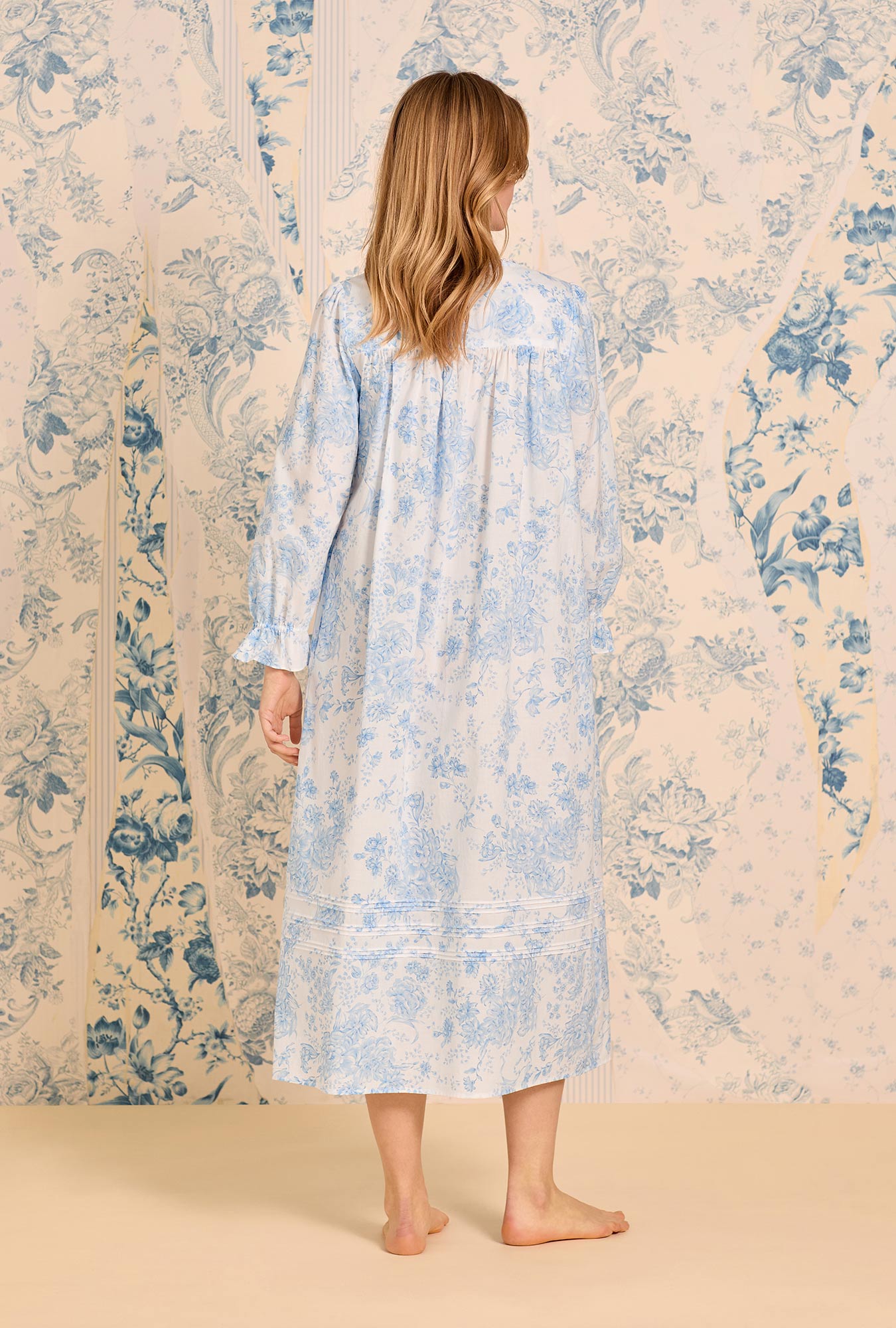 A lady wearing Chateau Bloom Long Sleeve Cotton Lawn Ballet Nightgown