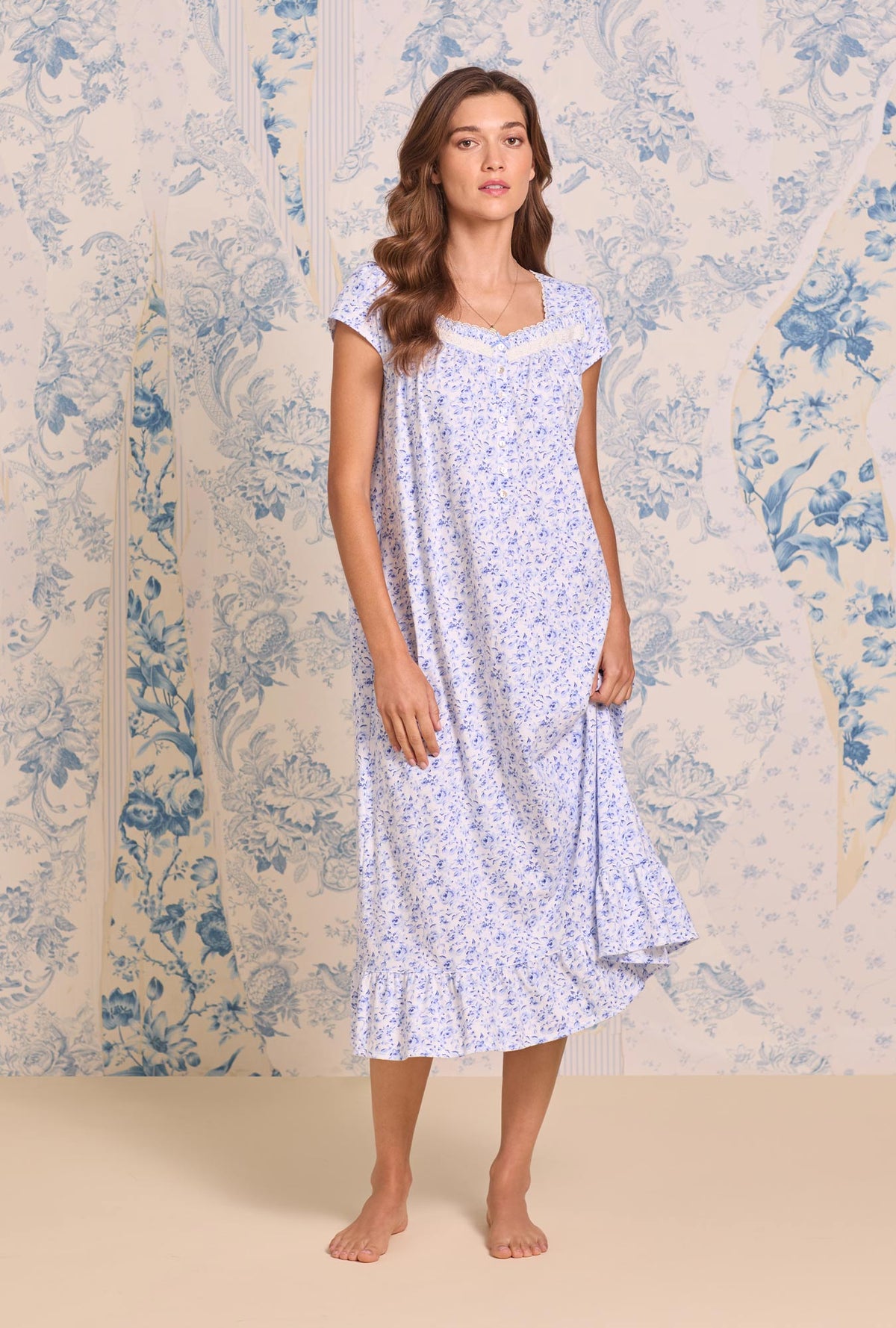 a lady wearing Provencal Rose Cotton Knit Cap Sleeve Ballet Nightgown
