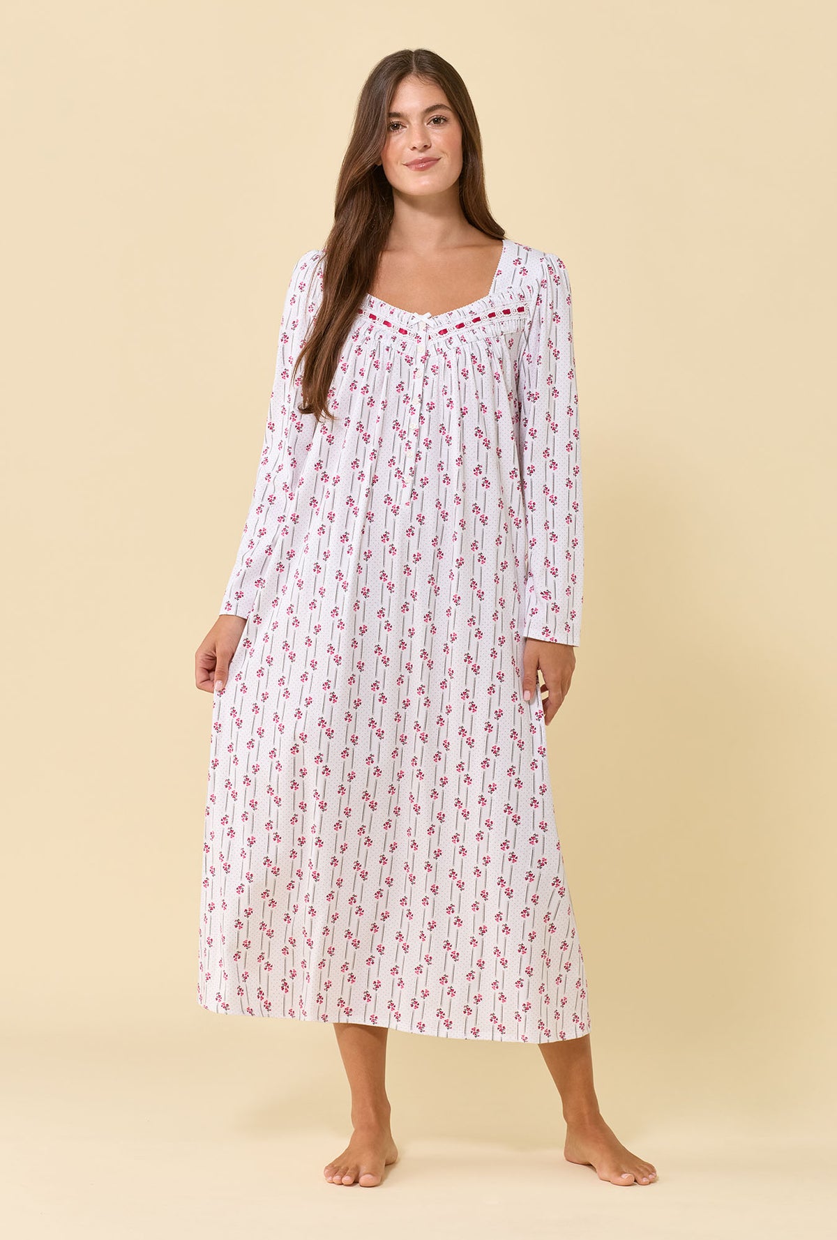 A lady wearing Trellis Rose 100% Cotton Jersey Knit Long Sleeve Ballet Nightgown
