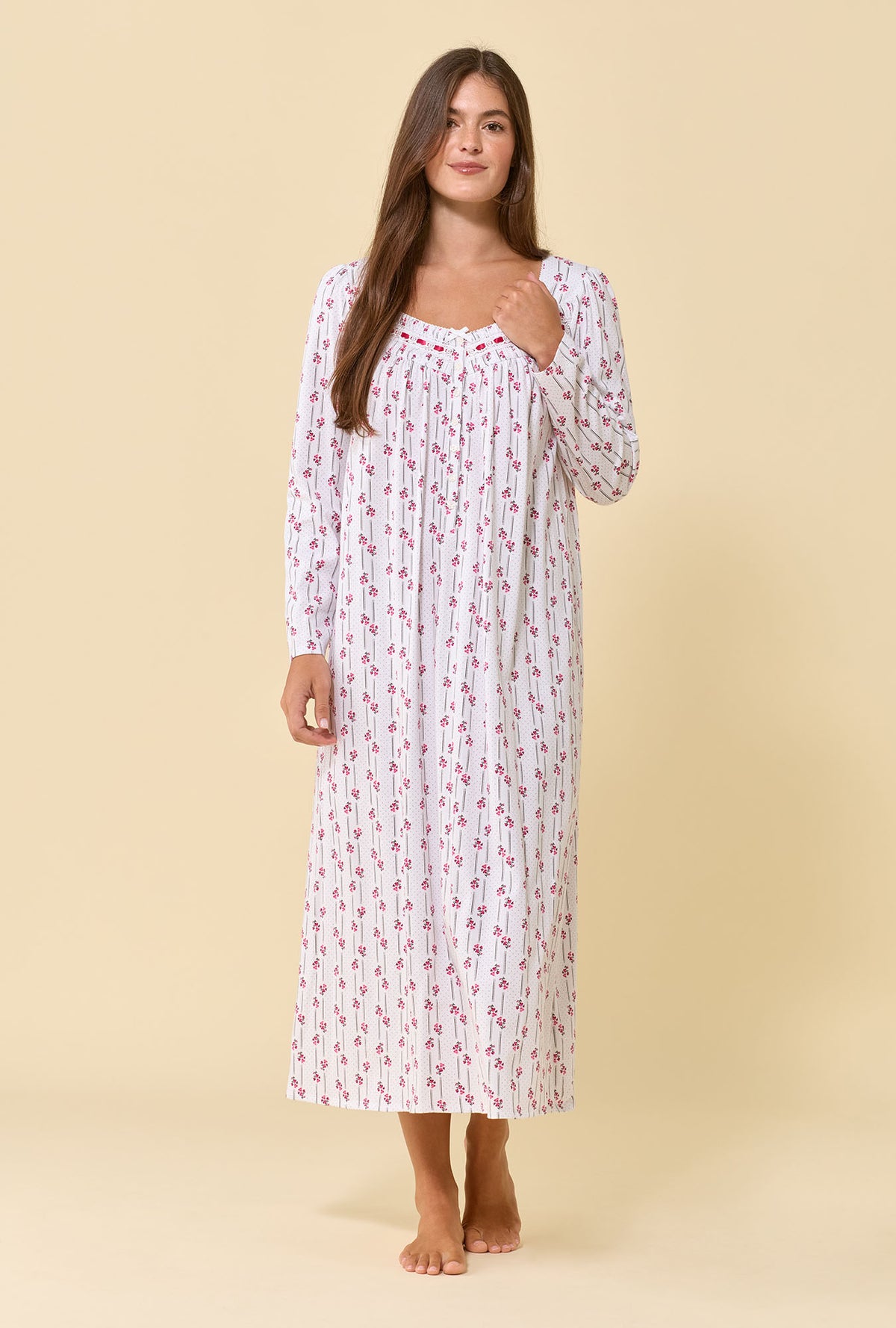 A lady wearing Trellis Rose 100% Cotton Jersey Knit Long Sleeve Ballet Nightgown
