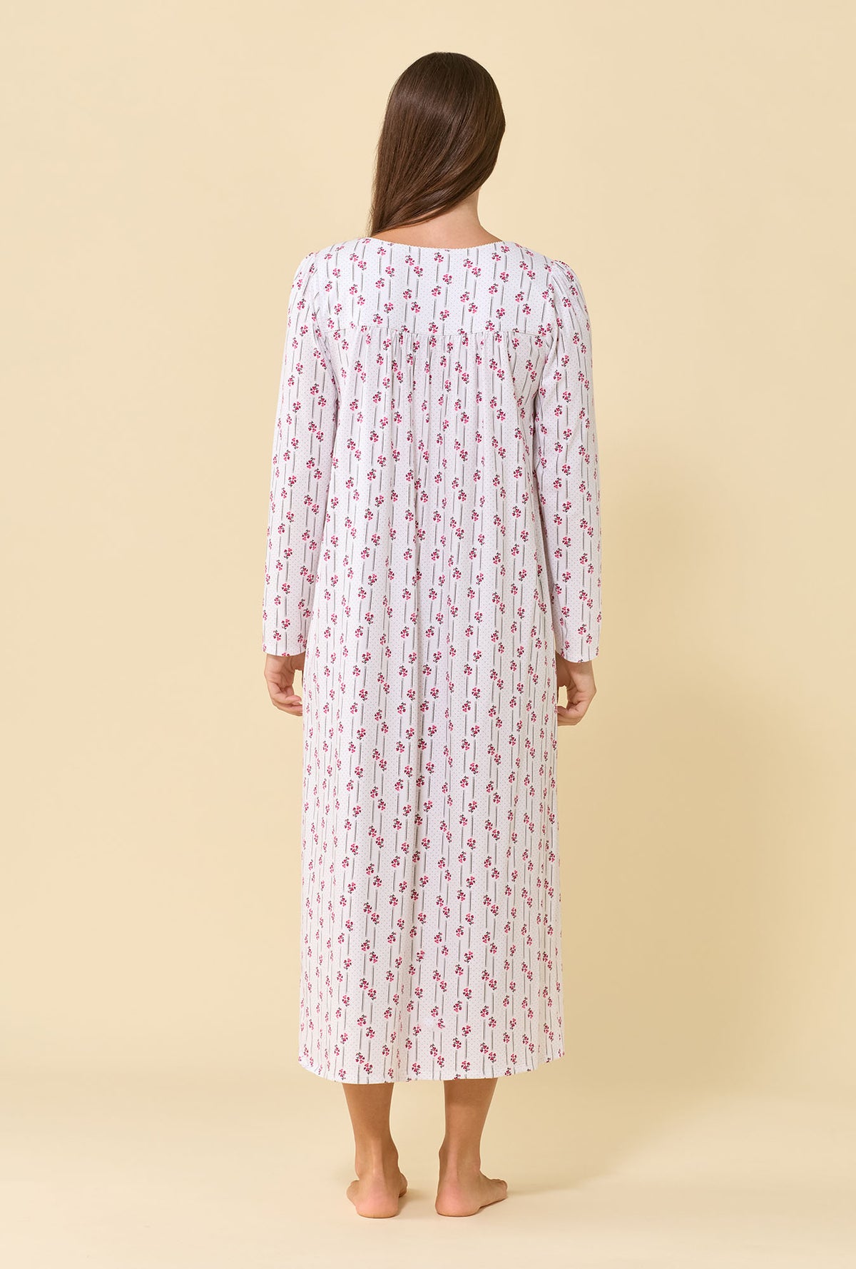 A lady wearing Trellis Rose 100% Cotton Jersey Knit Long Sleeve Ballet Nightgown