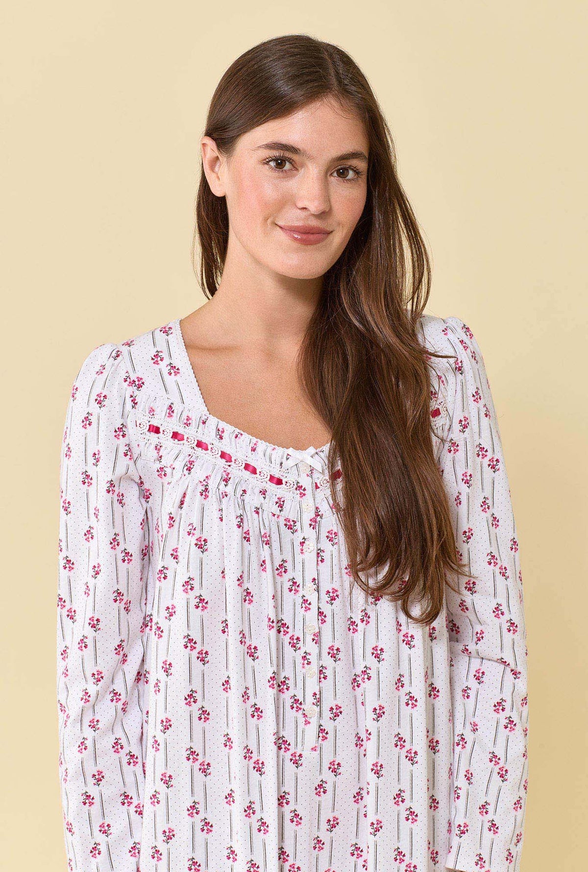 A lady wearing Trellis Rose 100% Cotton Jersey Knit Long Sleeve Ballet Nightgown