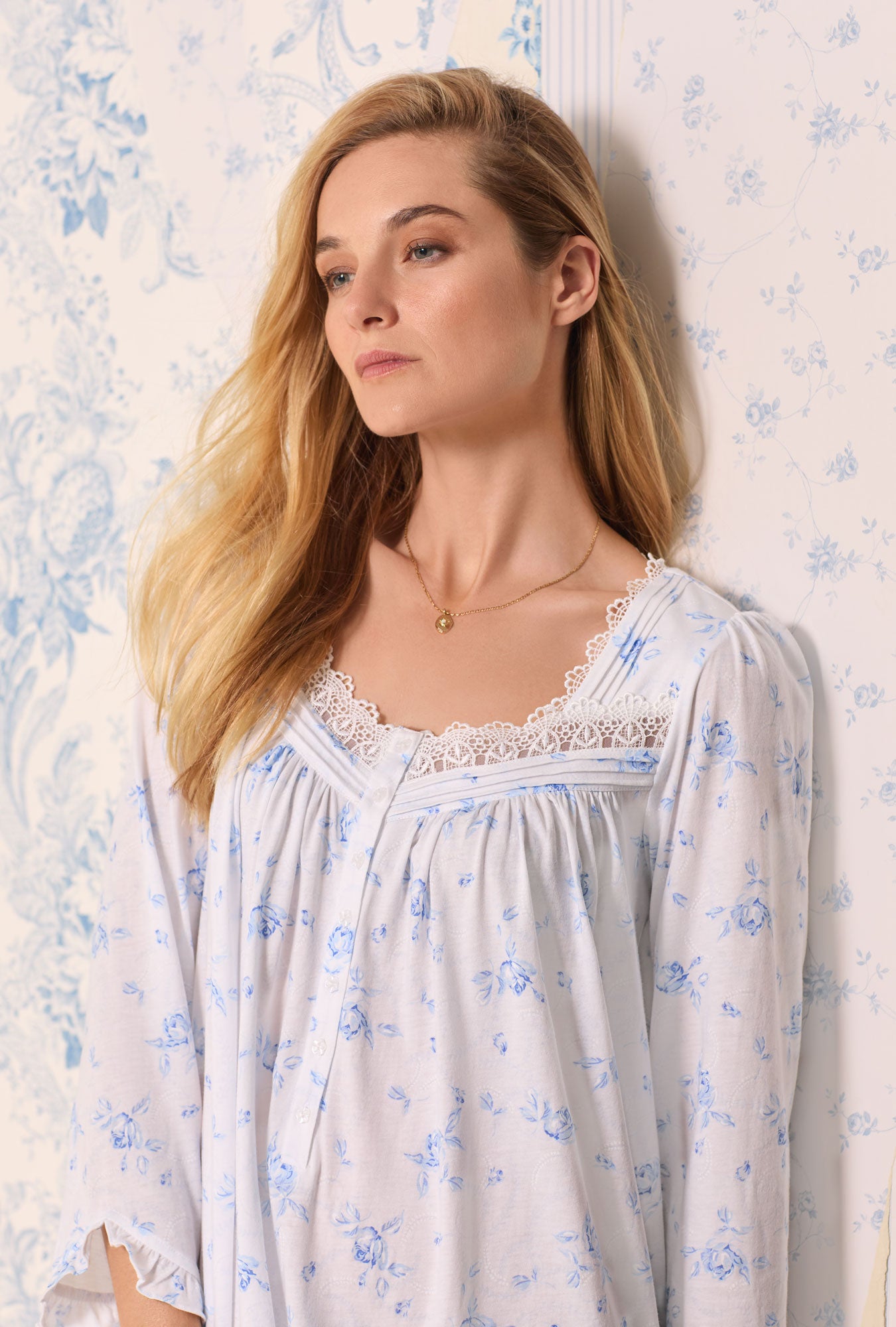 A lady wearing Tencel Blue Rose Cotton Modal Long Sleeve Nightgown