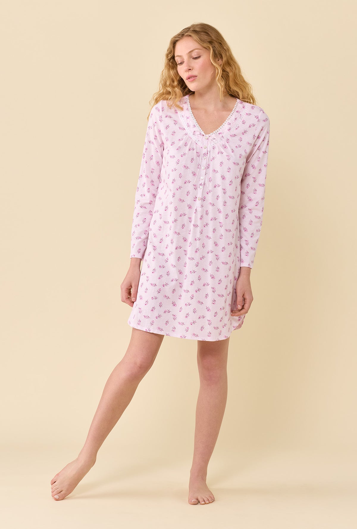 Scattered Floral 100% Cotton Jersey Knit Long Sleeve Nightshirt