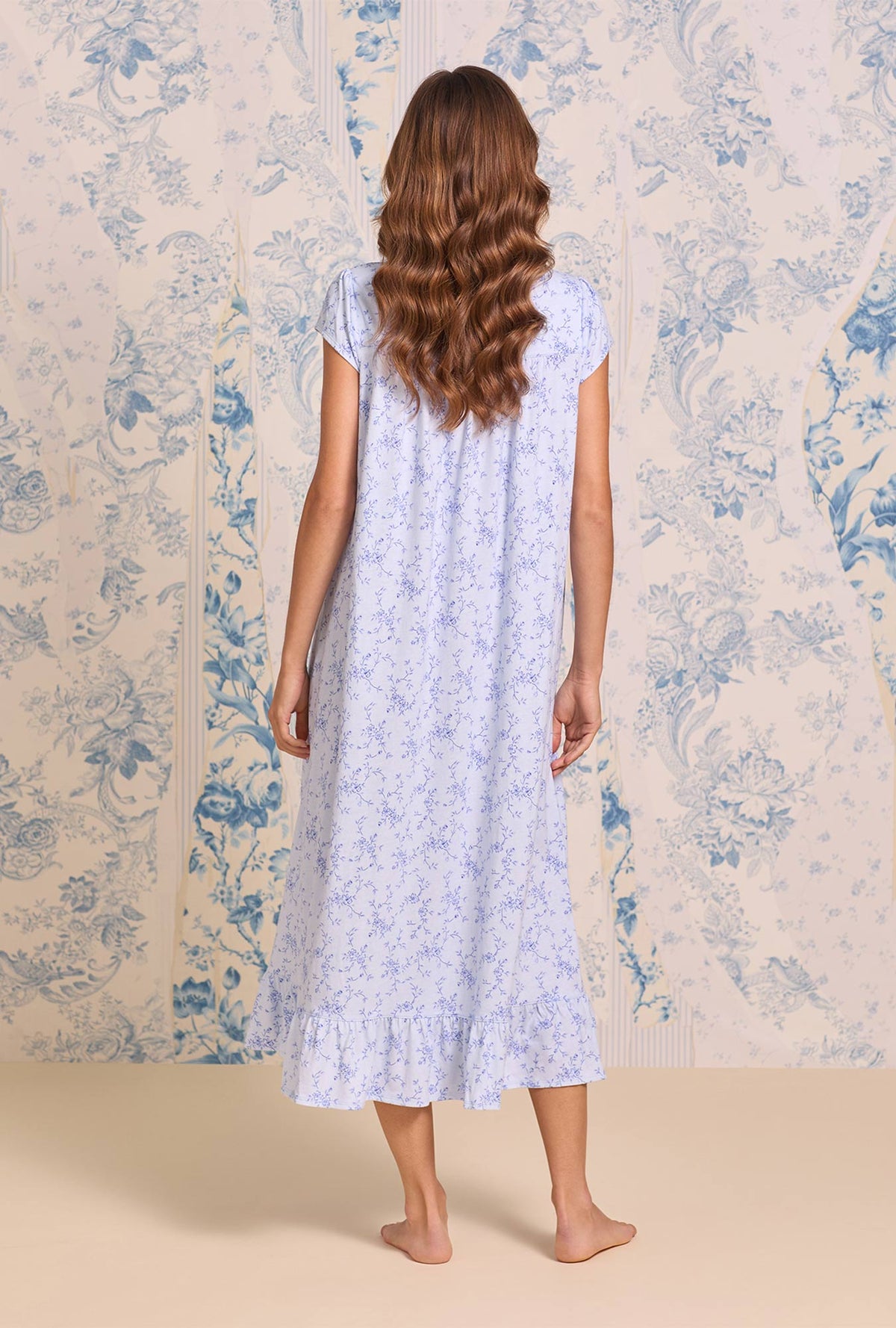A lady wearing Bluebell Scroll Cotton Knit Cap Sleeve Ballet Nightgown
