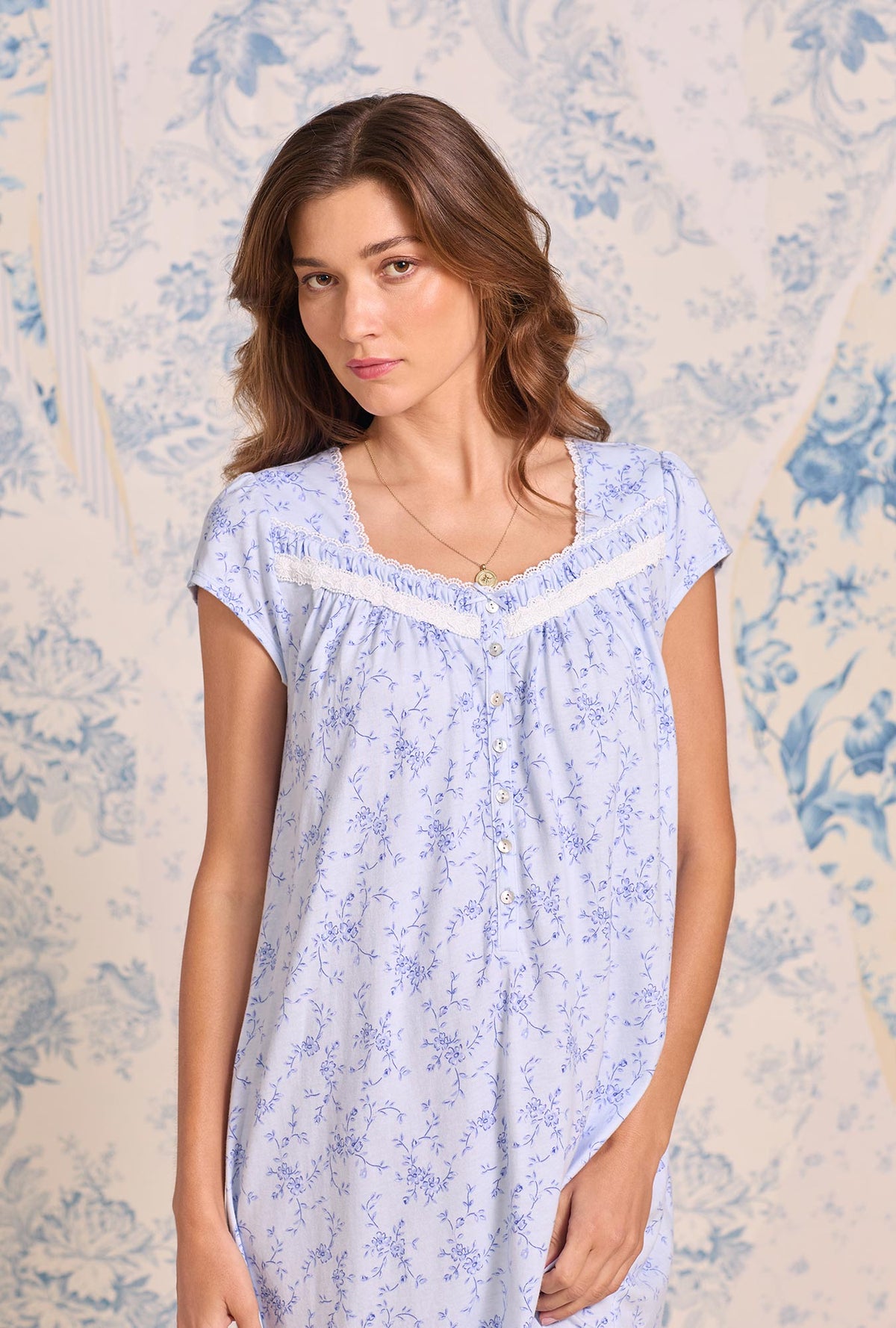 A lady wearing Bluebell Scroll Cotton Knit Cap Sleeve Ballet Nightgown
