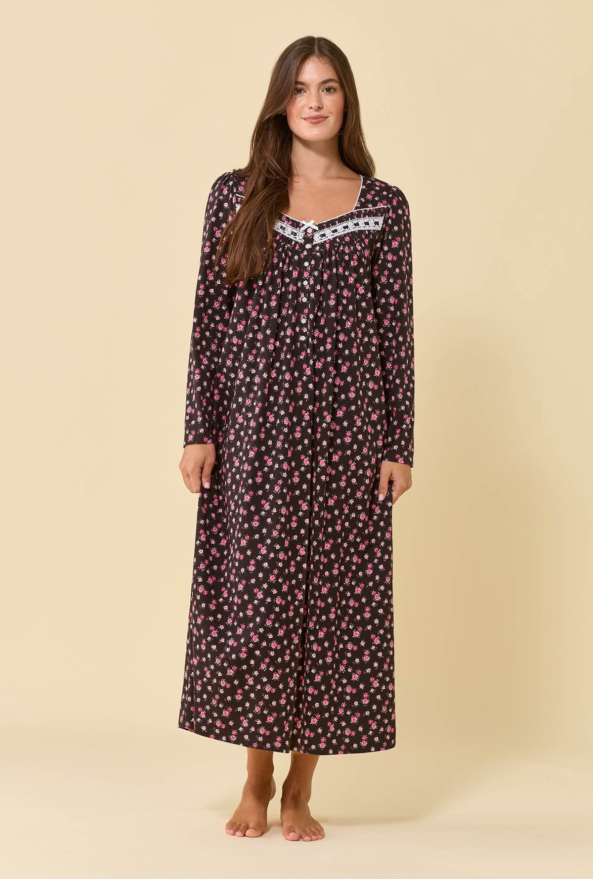 A lady wearing Night Garden 100% Cotton Jersey Knit Long Sleeve Ballet Nightgown