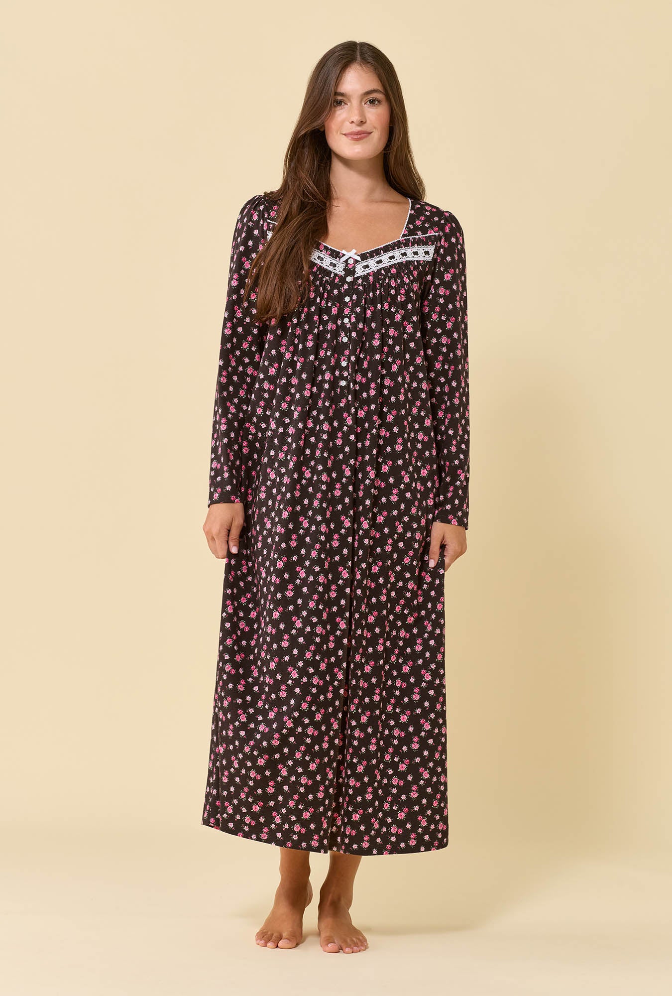 A lady wearing Night Garden 100% Cotton Jersey Knit Long Sleeve Ballet Nightgown