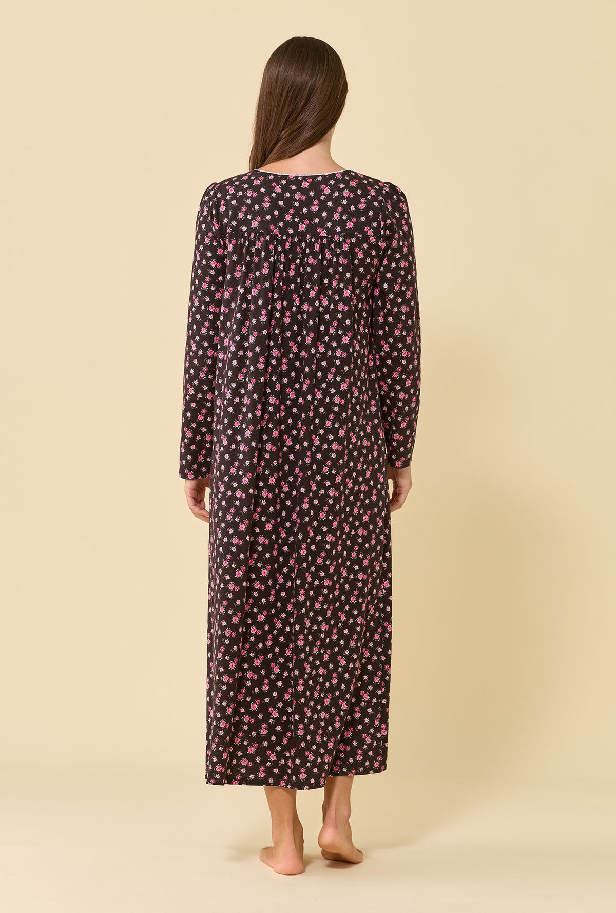 A lady wearing Night Garden 100% Cotton Jersey Knit Long Sleeve Ballet Nightgown