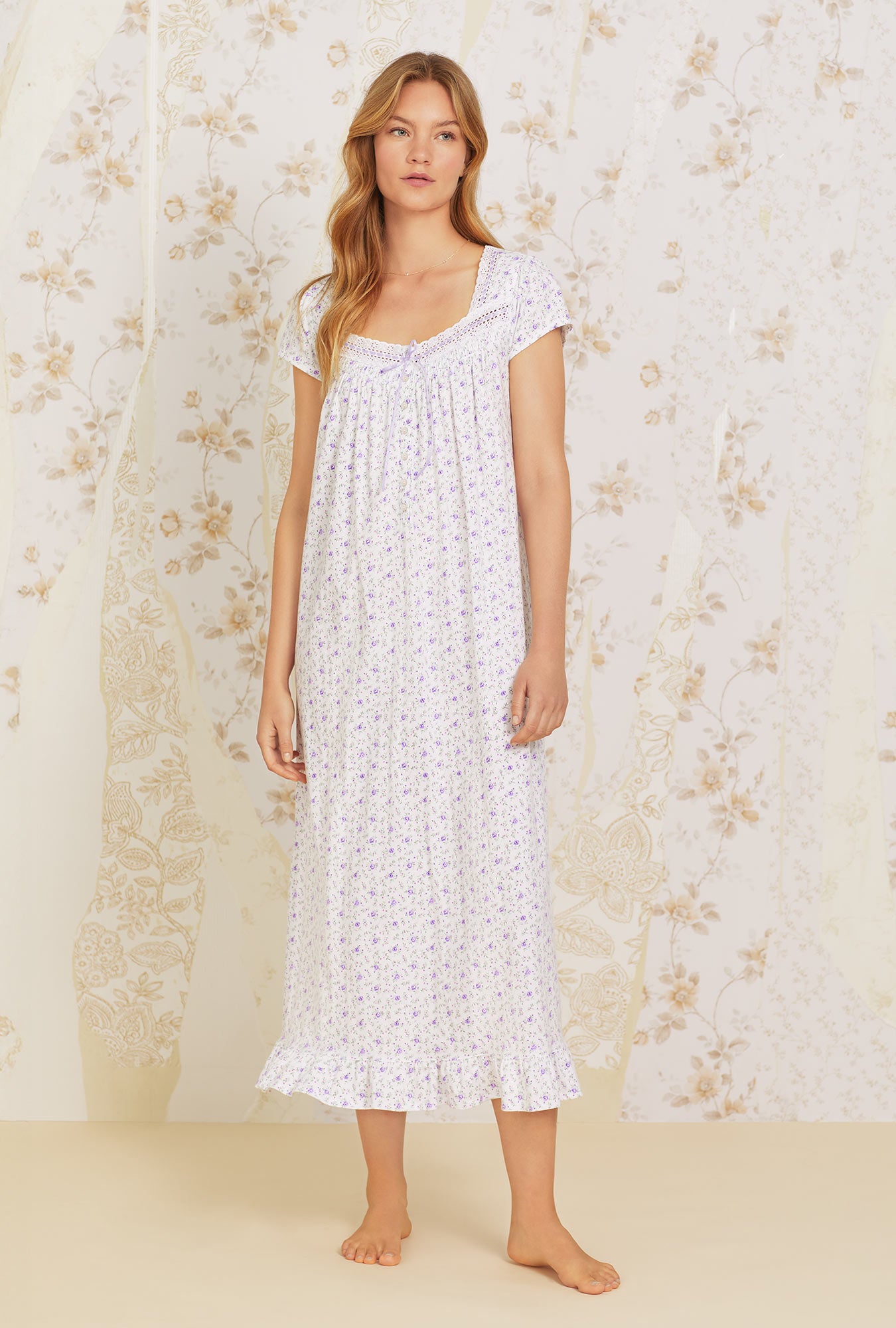 A lady wearing white Cotton Knit Nightgown with Lavender Garden  print