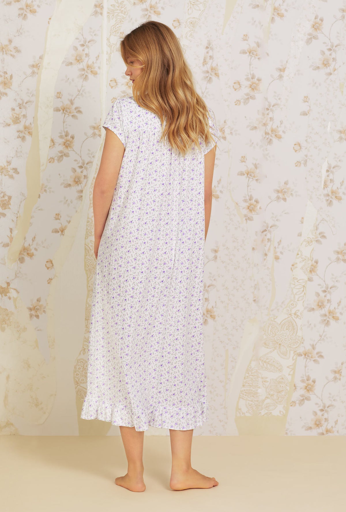 A lady wearing white Cotton Knit Nightgown with Lavender Garden  print