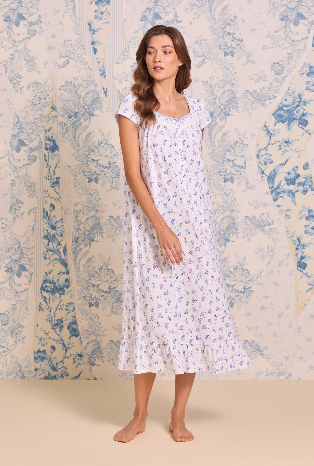 a lady wearing Tulip Dew Cotton Knit Cap Sleeve Ballet Nightgown
