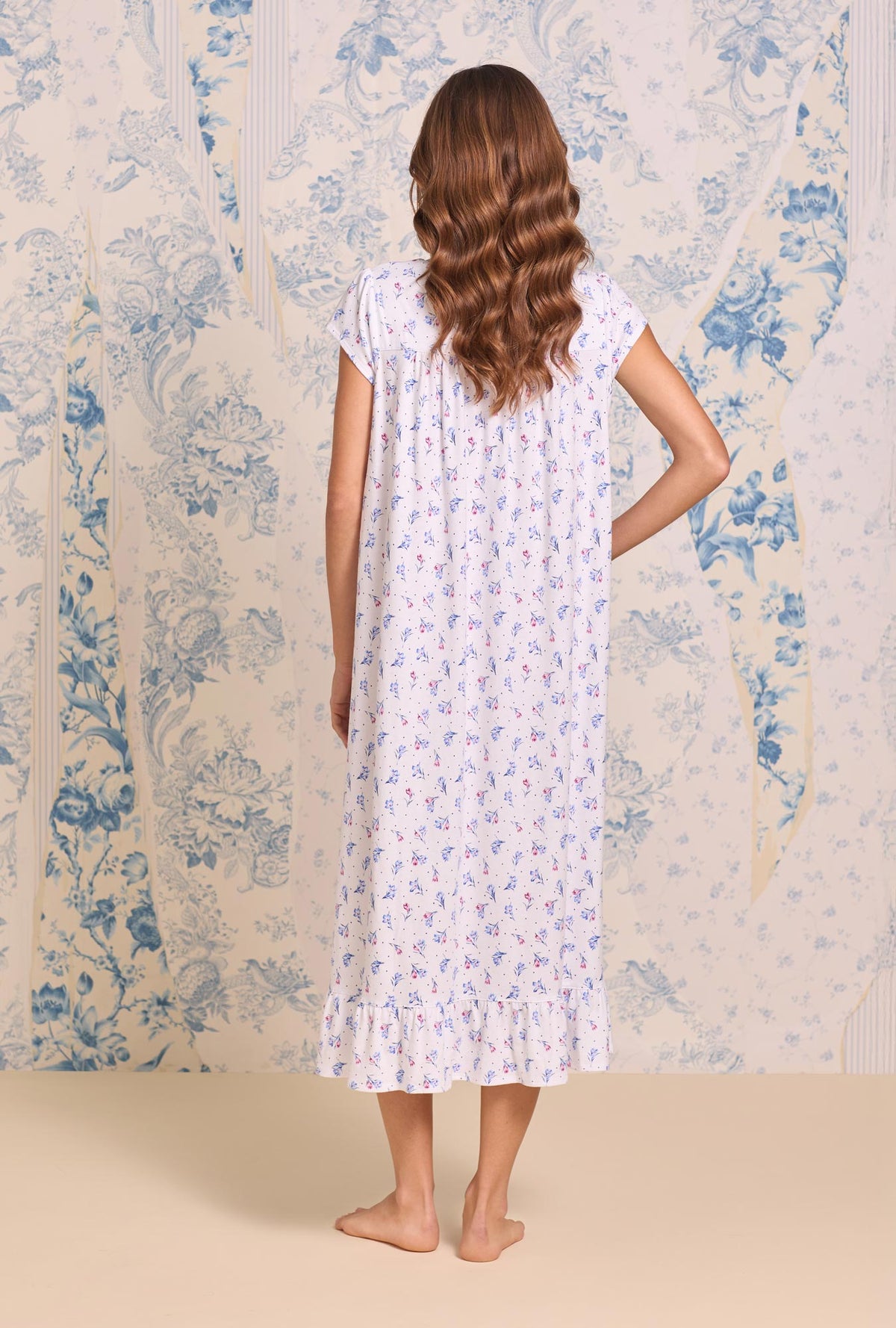 a lady wearing Tulip Dew Cotton Knit Cap Sleeve Ballet Nightgown
