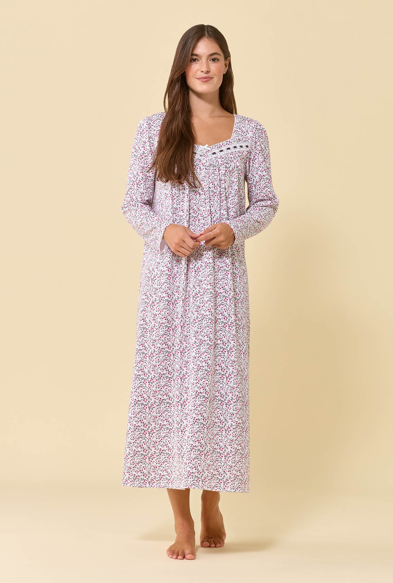 A lady wearing Berry Vine 100% Cotton Jersey Knit Long Sleeve Ballet Nightgown