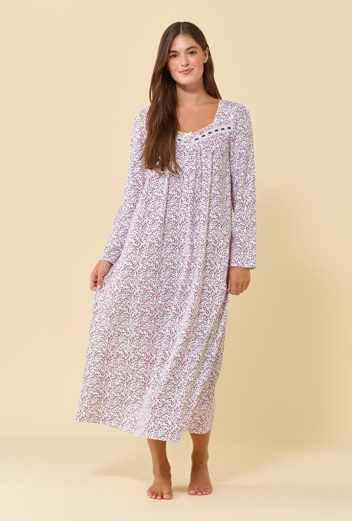 A lady wearing Berry Vine 100% Cotton Jersey Knit Long Sleeve Ballet Nightgown