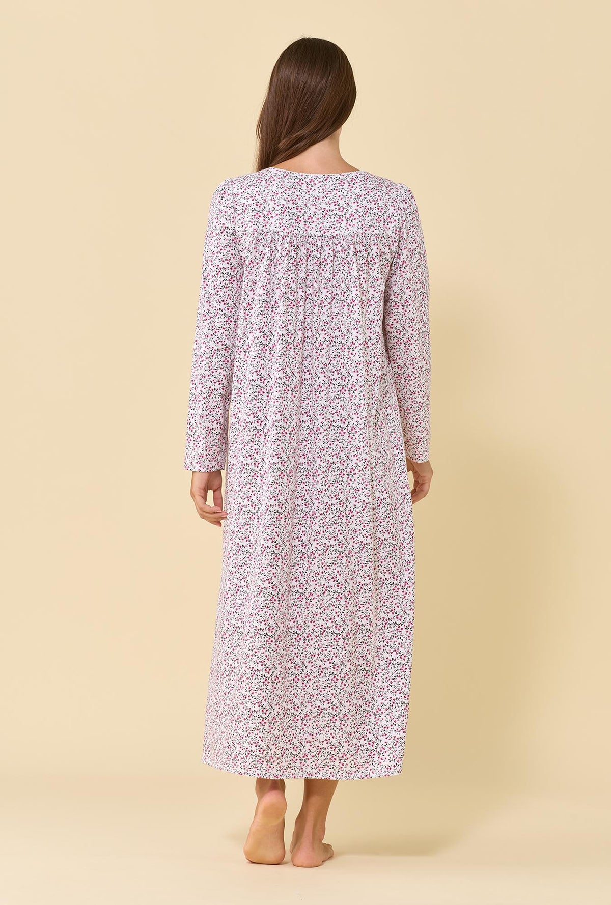 A lady wearing Berry Vine 100% Cotton Jersey Knit Long Sleeve Ballet Nightgown