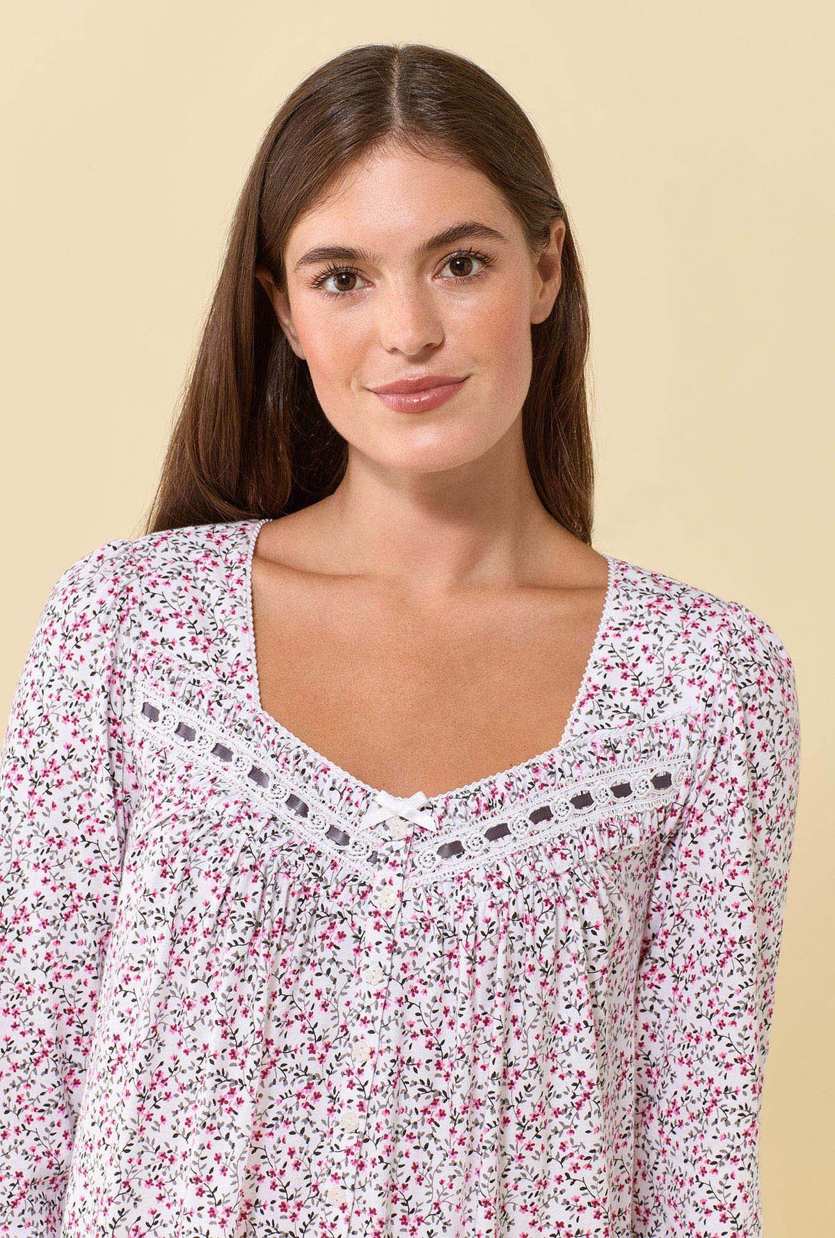 A lady wearing Berry Vine 100% Cotton Jersey Knit Long Sleeve Ballet Nightgown
