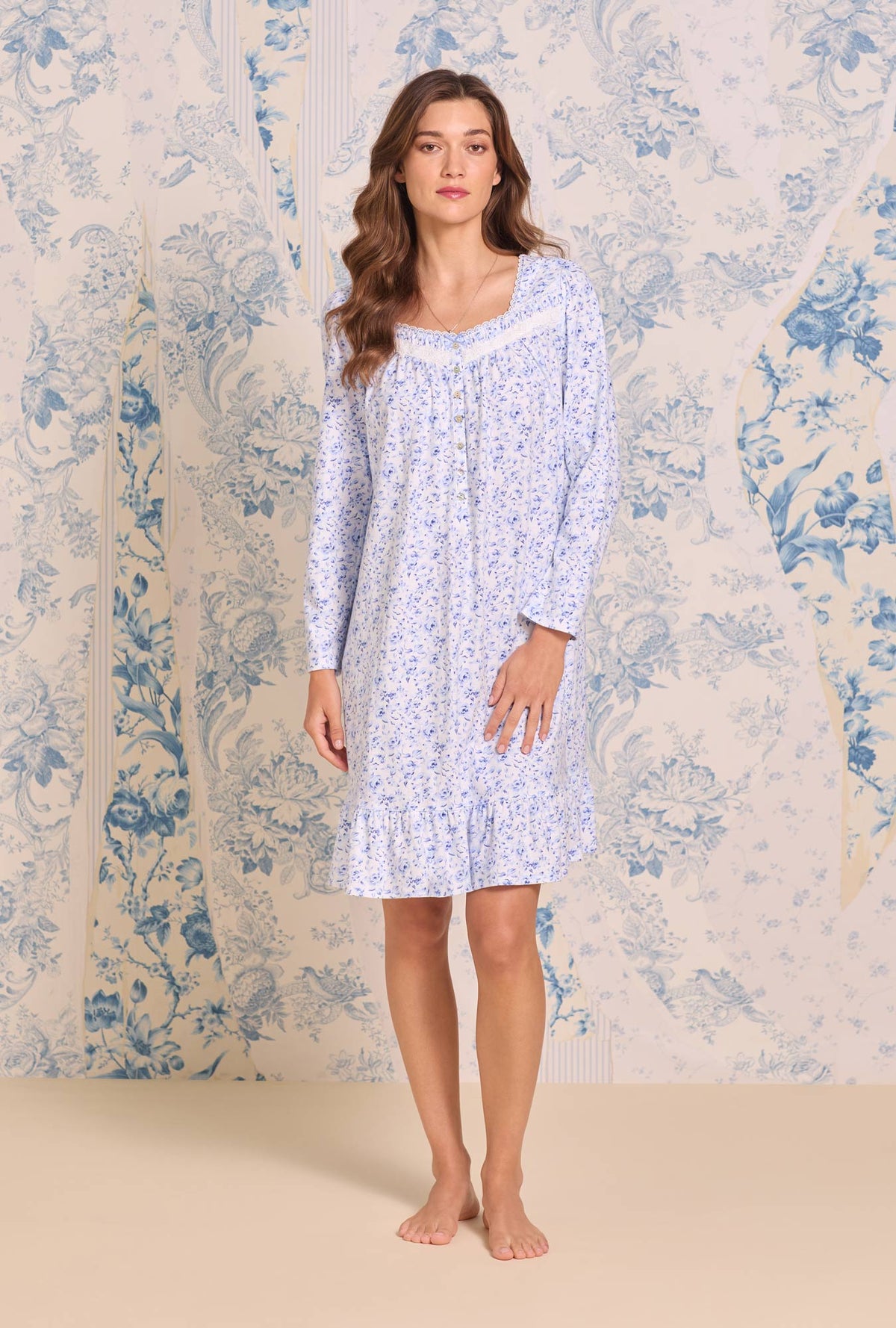 a lady wearing Provencal Rose Cotton Knit Long Sleeve Chemise
