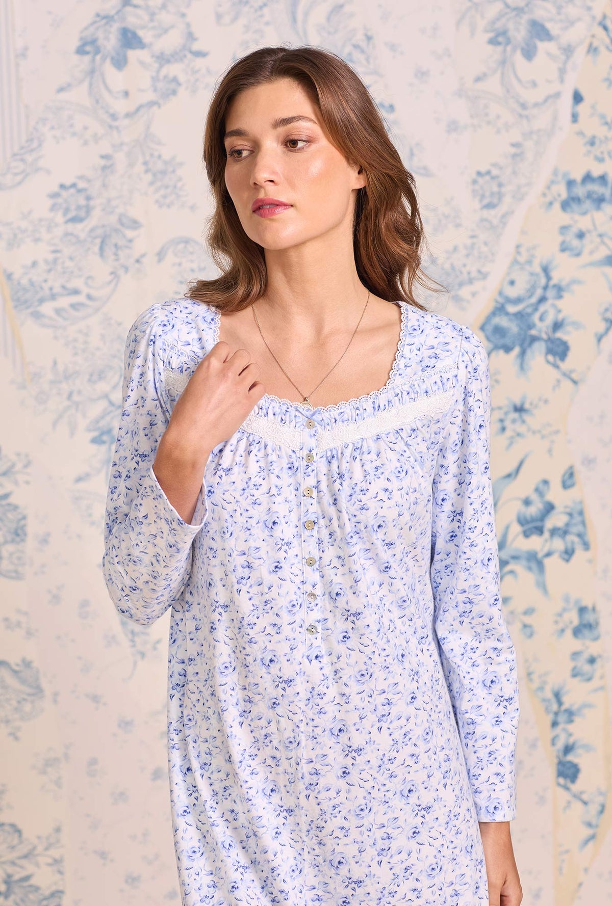 a lady wearing Provencal Rose Cotton Knit Long Sleeve Chemise
