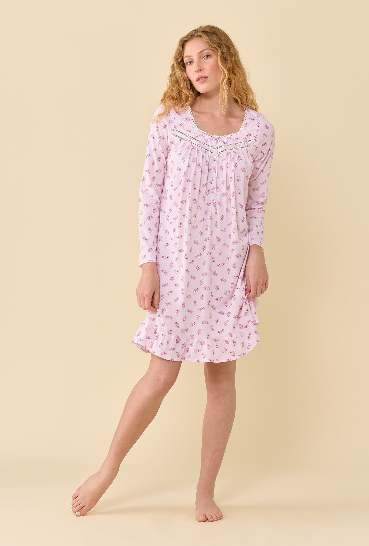 Scattered Floral 100% Cotton Jersey Knit Long Sleeve Chemise