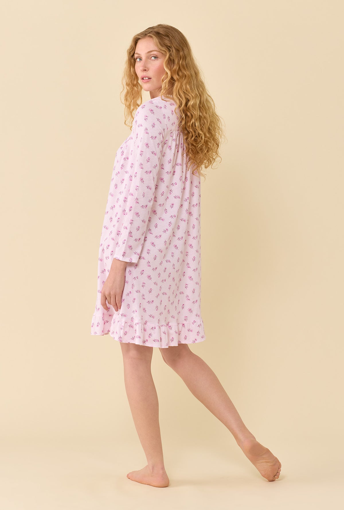 Scattered Floral 100% Cotton Jersey Knit Long Sleeve Chemise