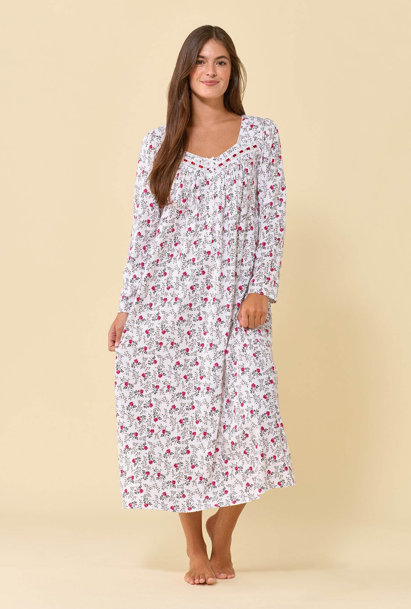 A lady wearing Meadow Rose 100% Cotton Jersey Knit Long Sleeve Ballet Nightgown