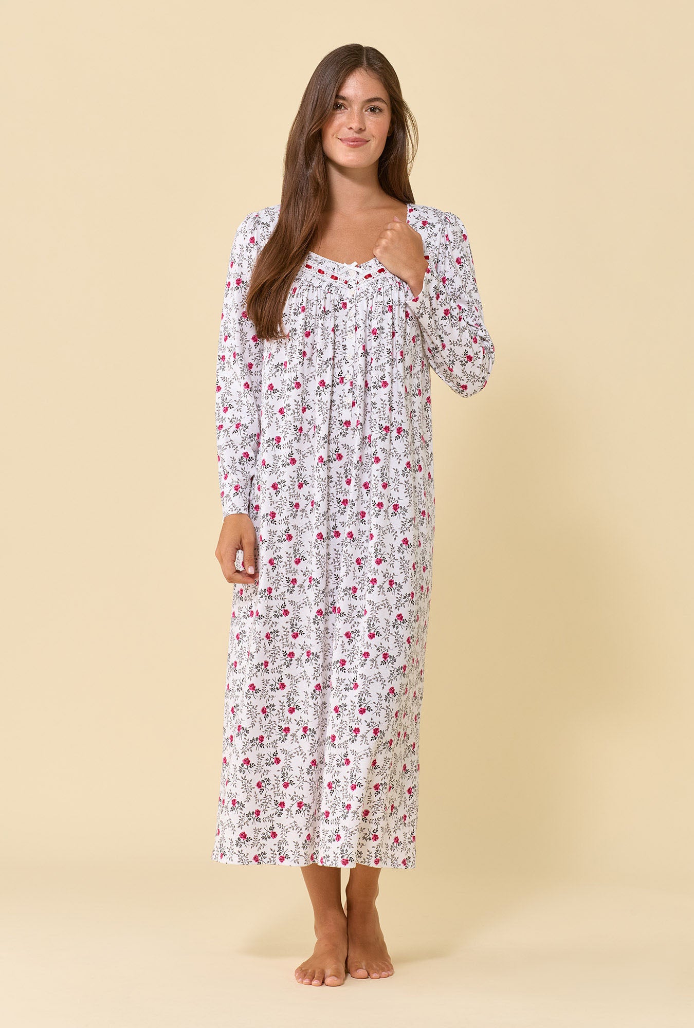A lady wearing Meadow Rose 100% Cotton Jersey Knit Long Sleeve Ballet Nightgown