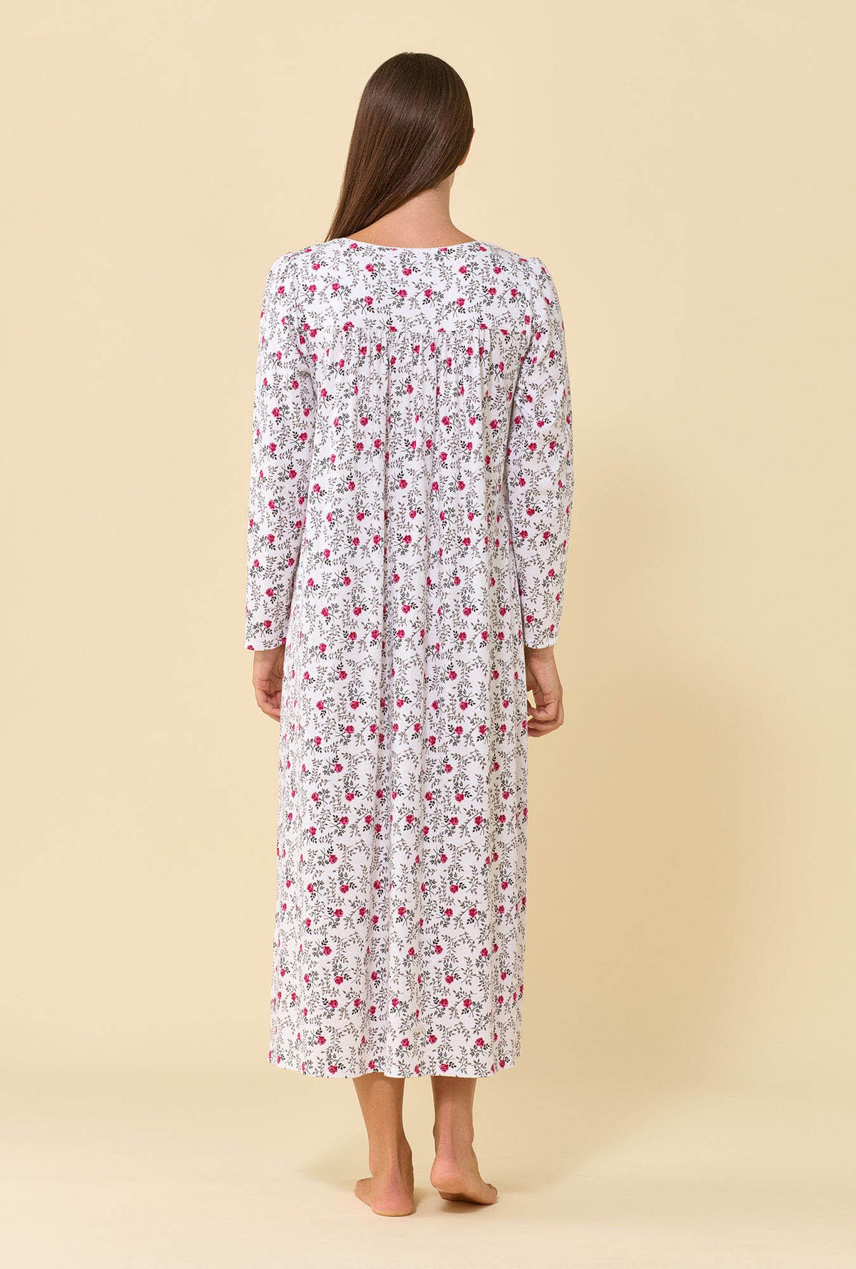A lady wearing Meadow Rose 100% Cotton Jersey Knit Long Sleeve Ballet Nightgown
