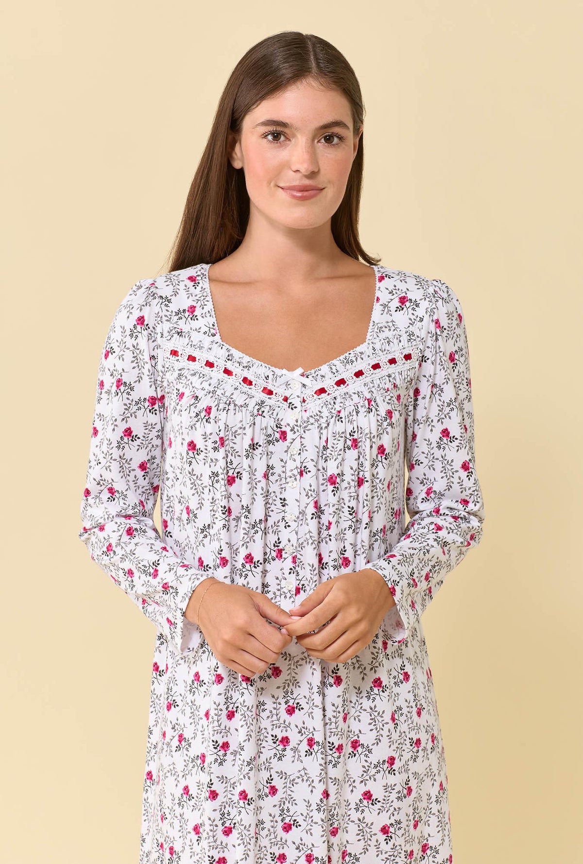 A lady wearing Meadow Rose 100% Cotton Jersey Knit Long Sleeve Ballet Nightgown