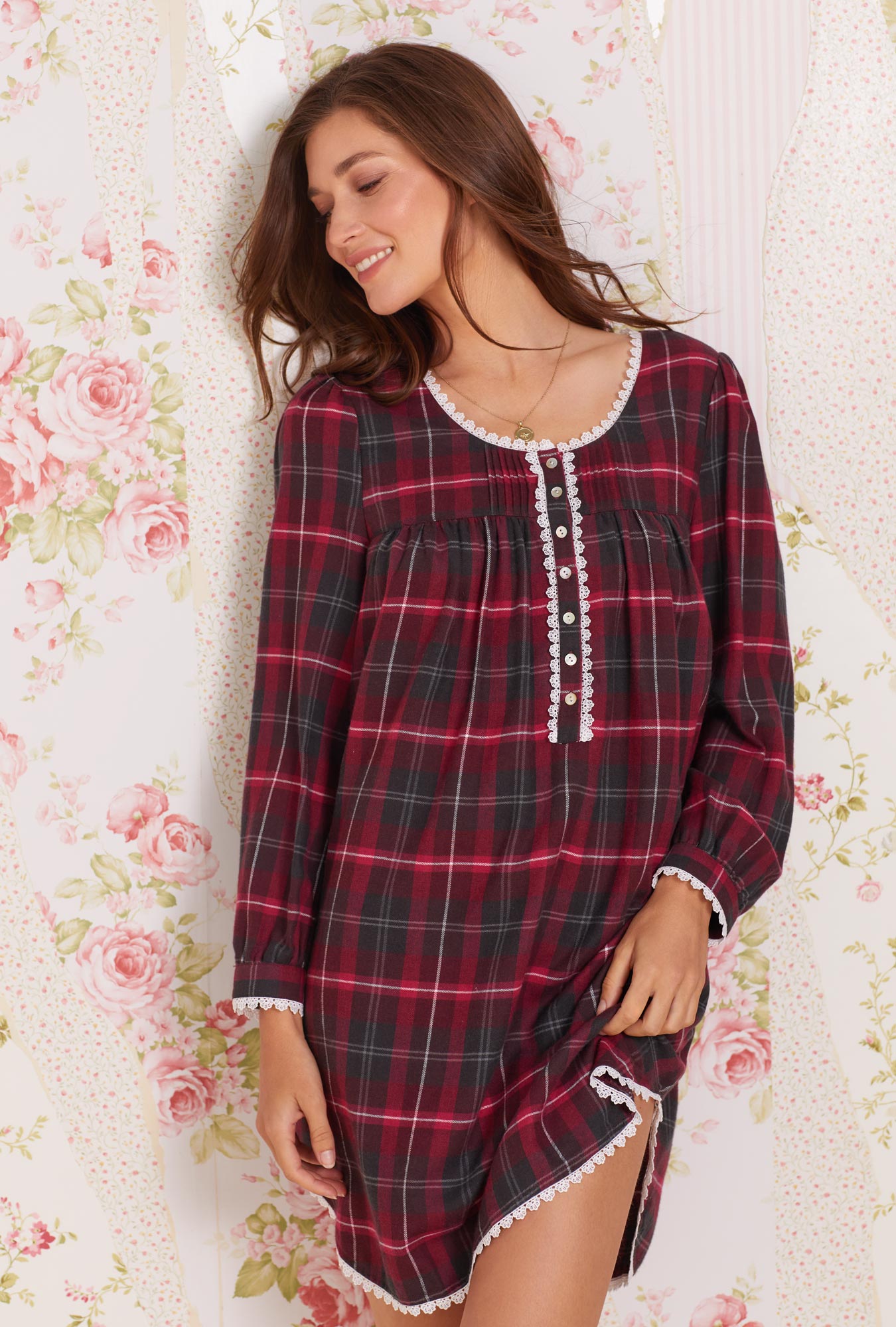 A lady wearing red  Cotton Flannel Nightshirt with Berry Plaid print