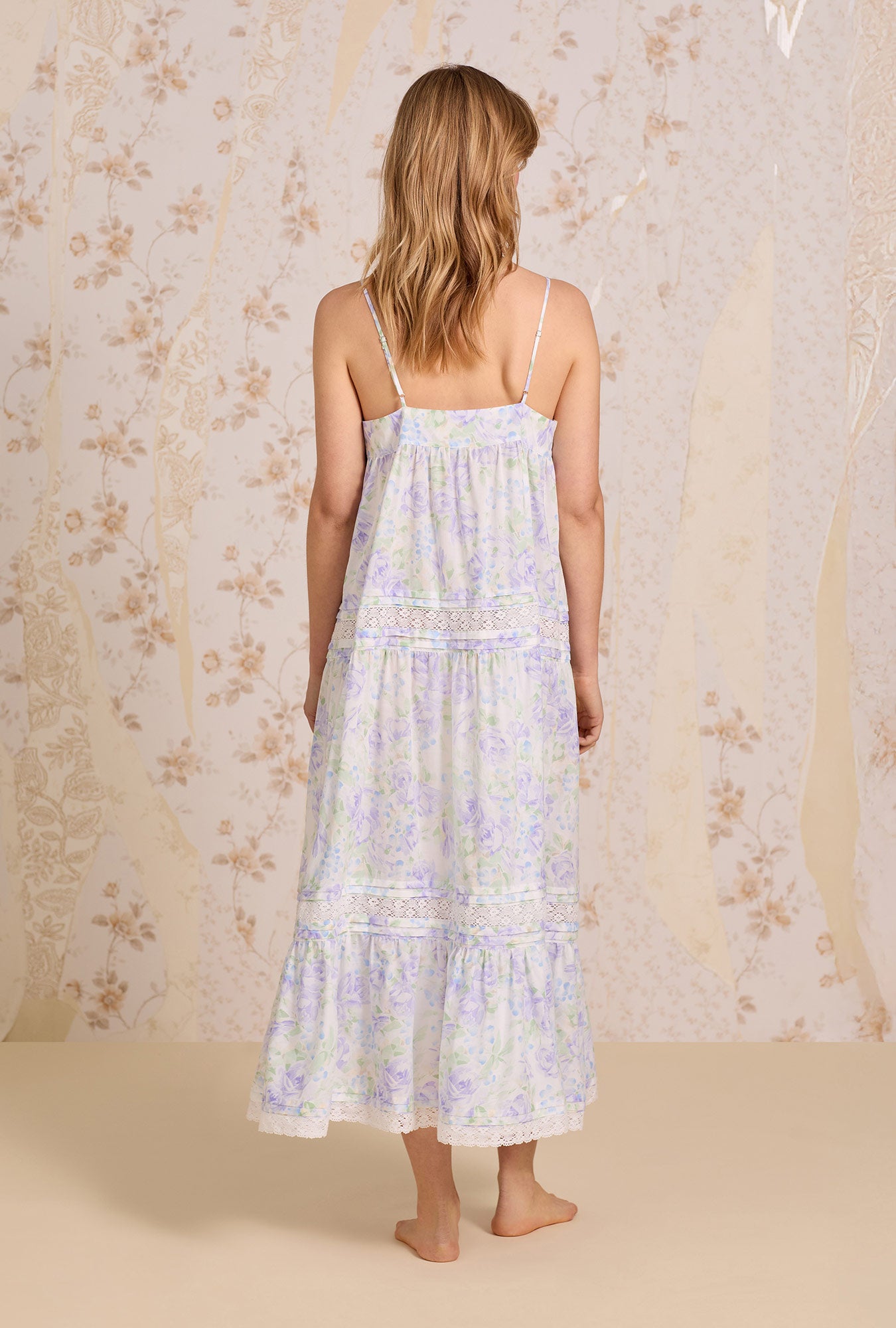 A lady wearing The "Evelina" Lavender Echo Cotton Lawn Ballet Nightgown