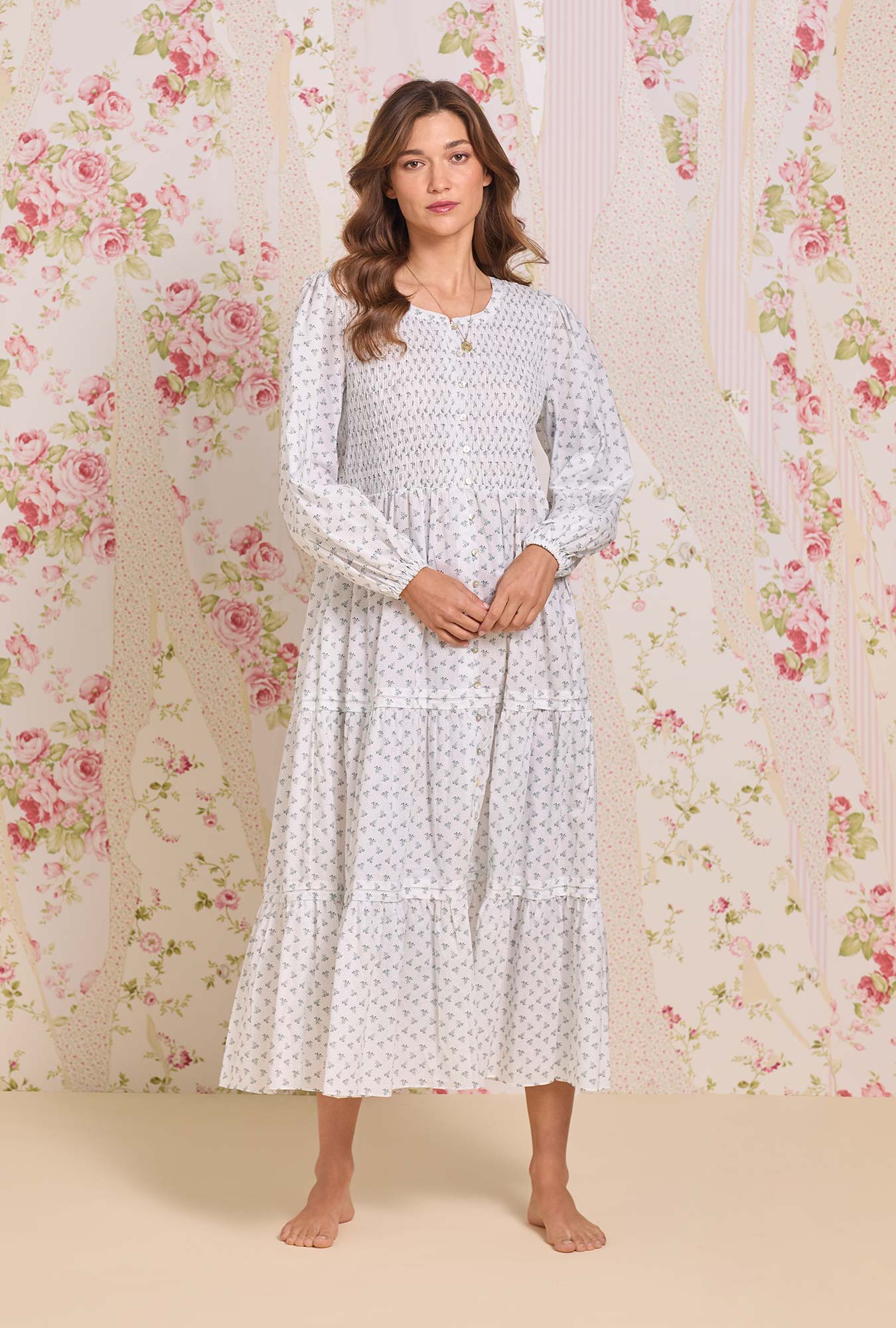 A Lady wearing The "Hannah" Heirloom Mistletoe Cotton Lawn Button Front Nightgown