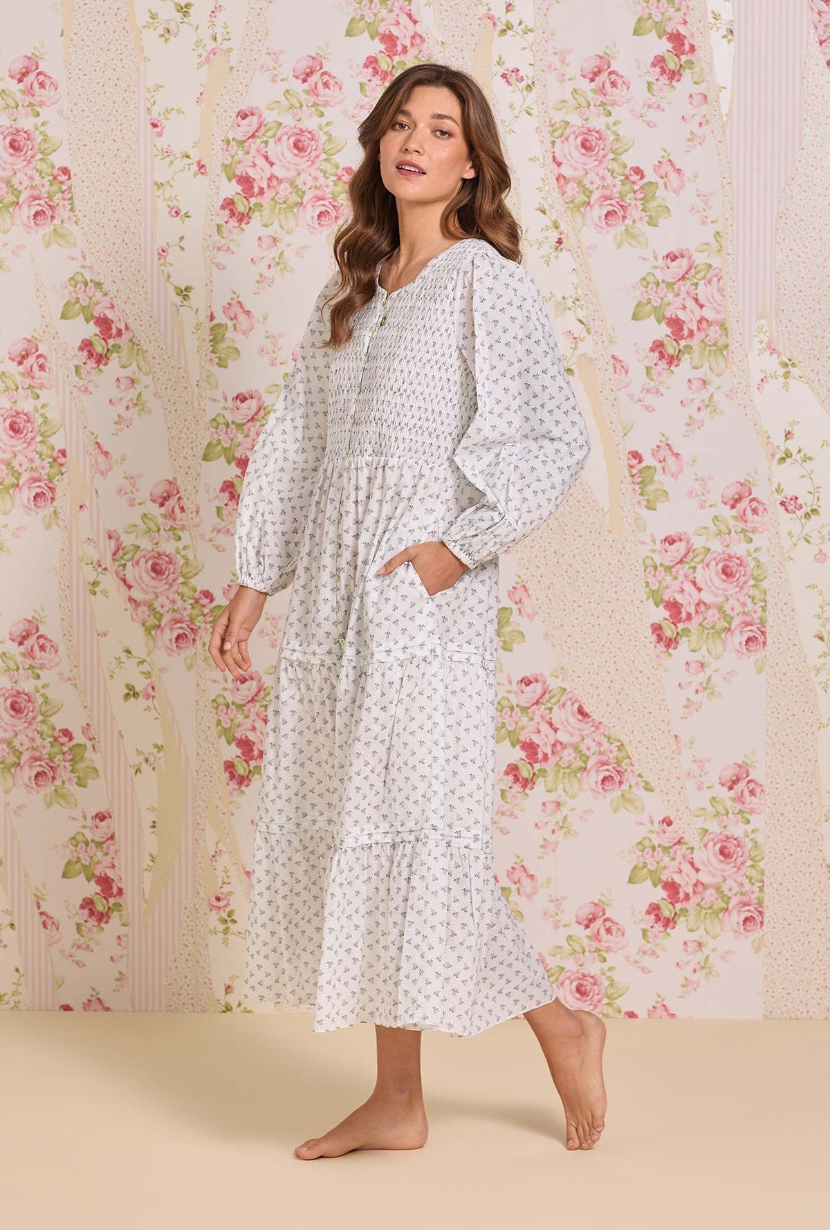 A Lady wearing The "Hannah" Heirloom Mistletoe Cotton Lawn Button Front Nightgown