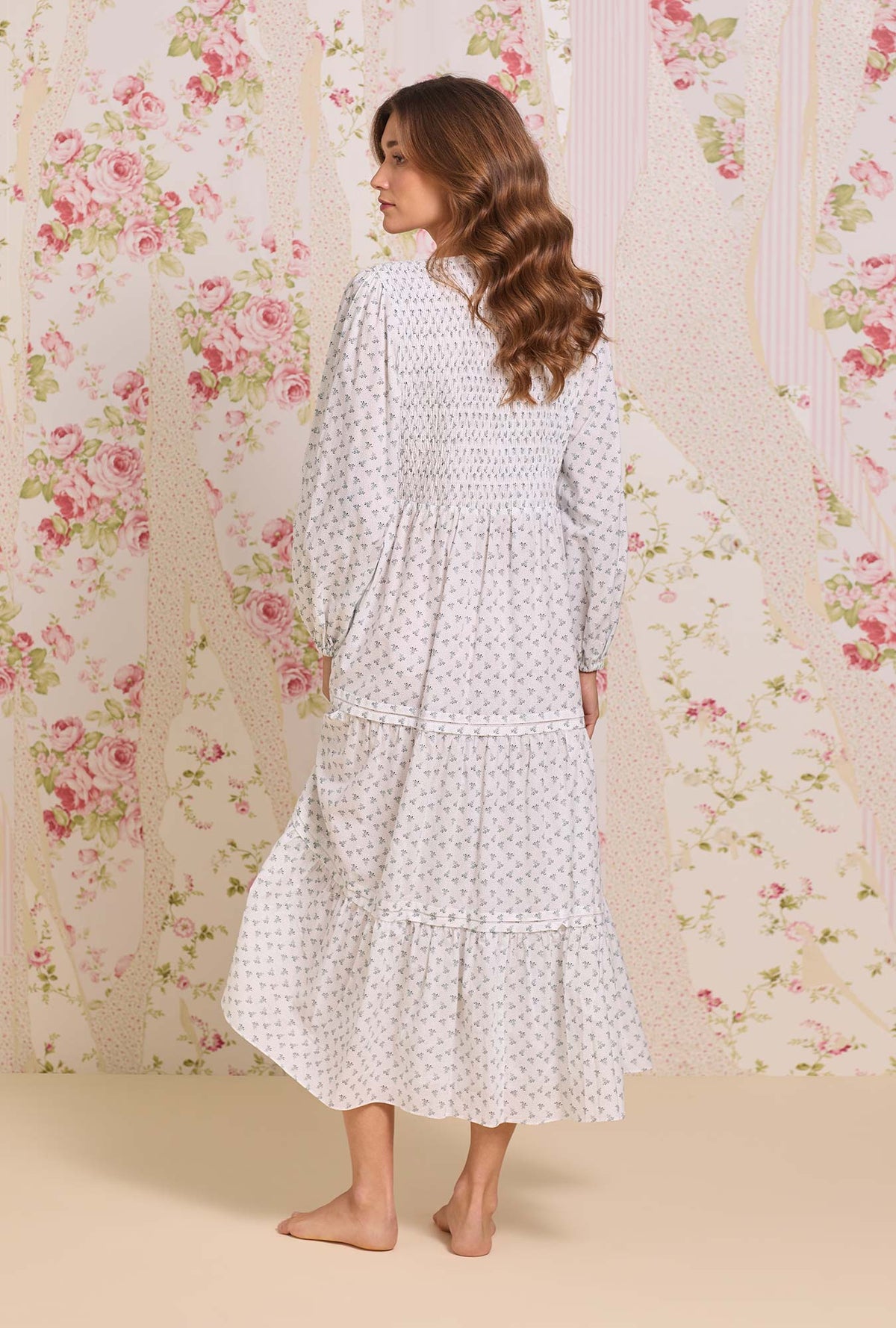 A Lady wearing The "Hannah" Heirloom Mistletoe Cotton Lawn Button Front Nightgown