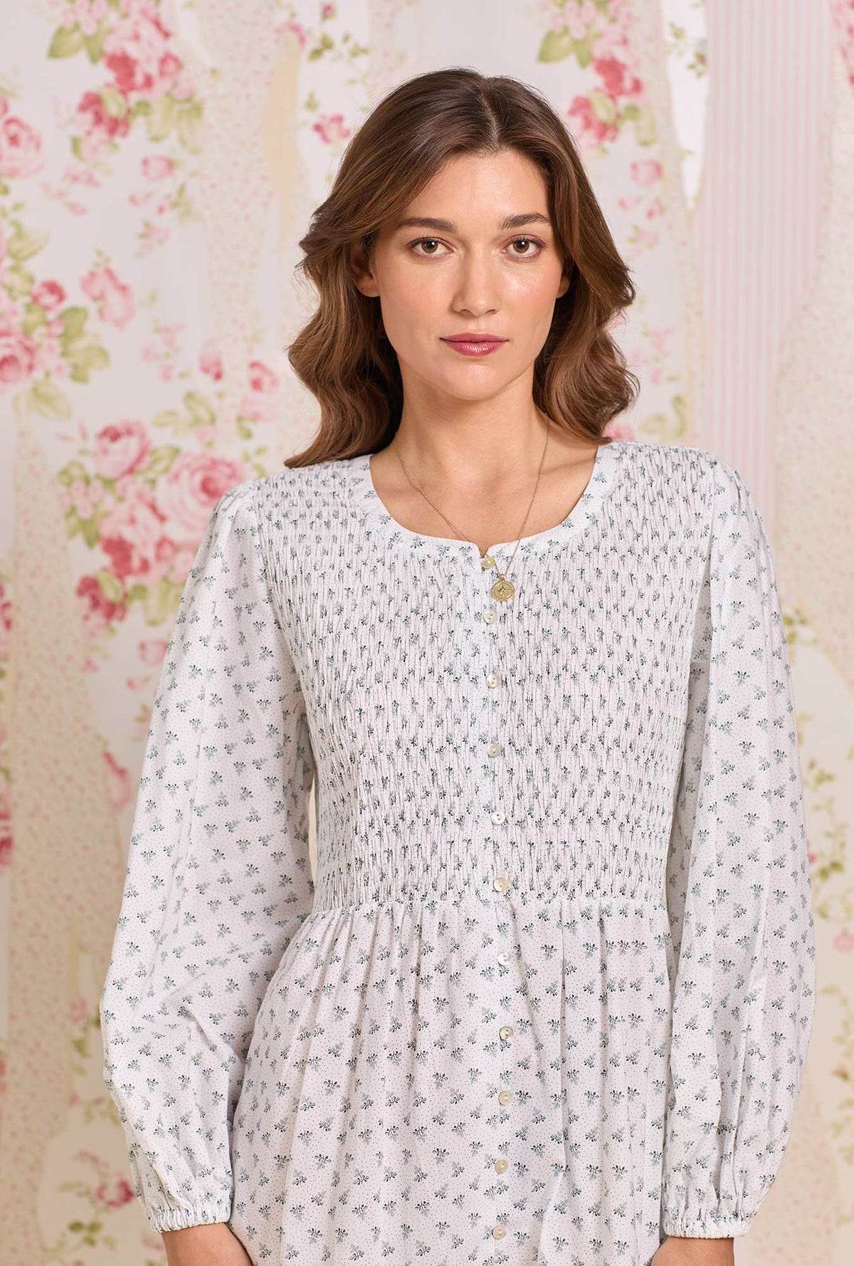 A Lady wearing The "Hannah" Heirloom Mistletoe Cotton Lawn Button Front Nightgown