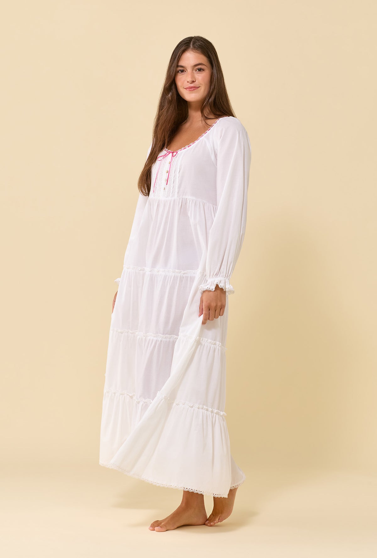 Aveline Soft White 100% Cotton Woven Lawn Long Sleeve Ballet Nightgown