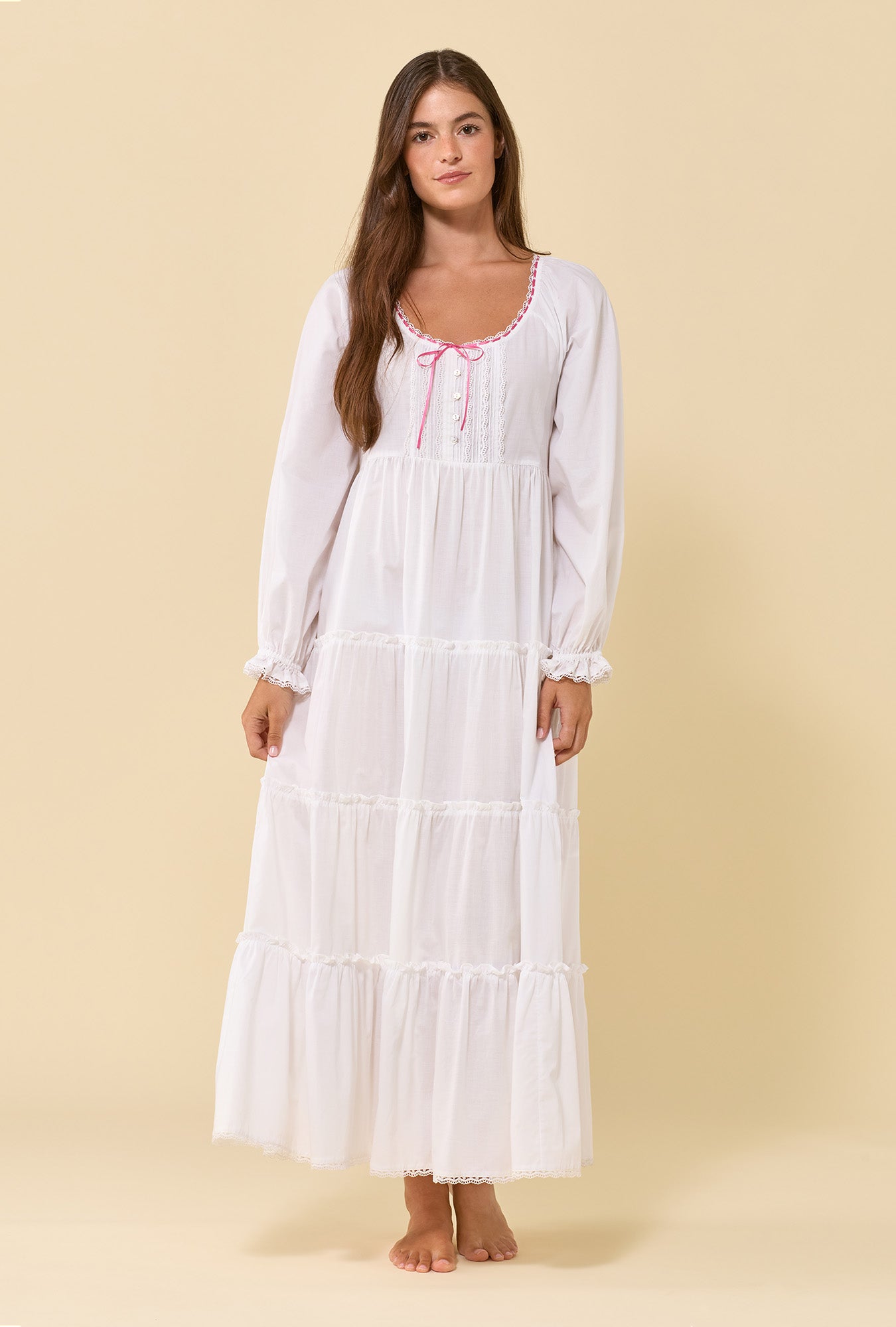 Aveline Soft White 100% Cotton Woven Lawn Long Sleeve Ballet Nightgown